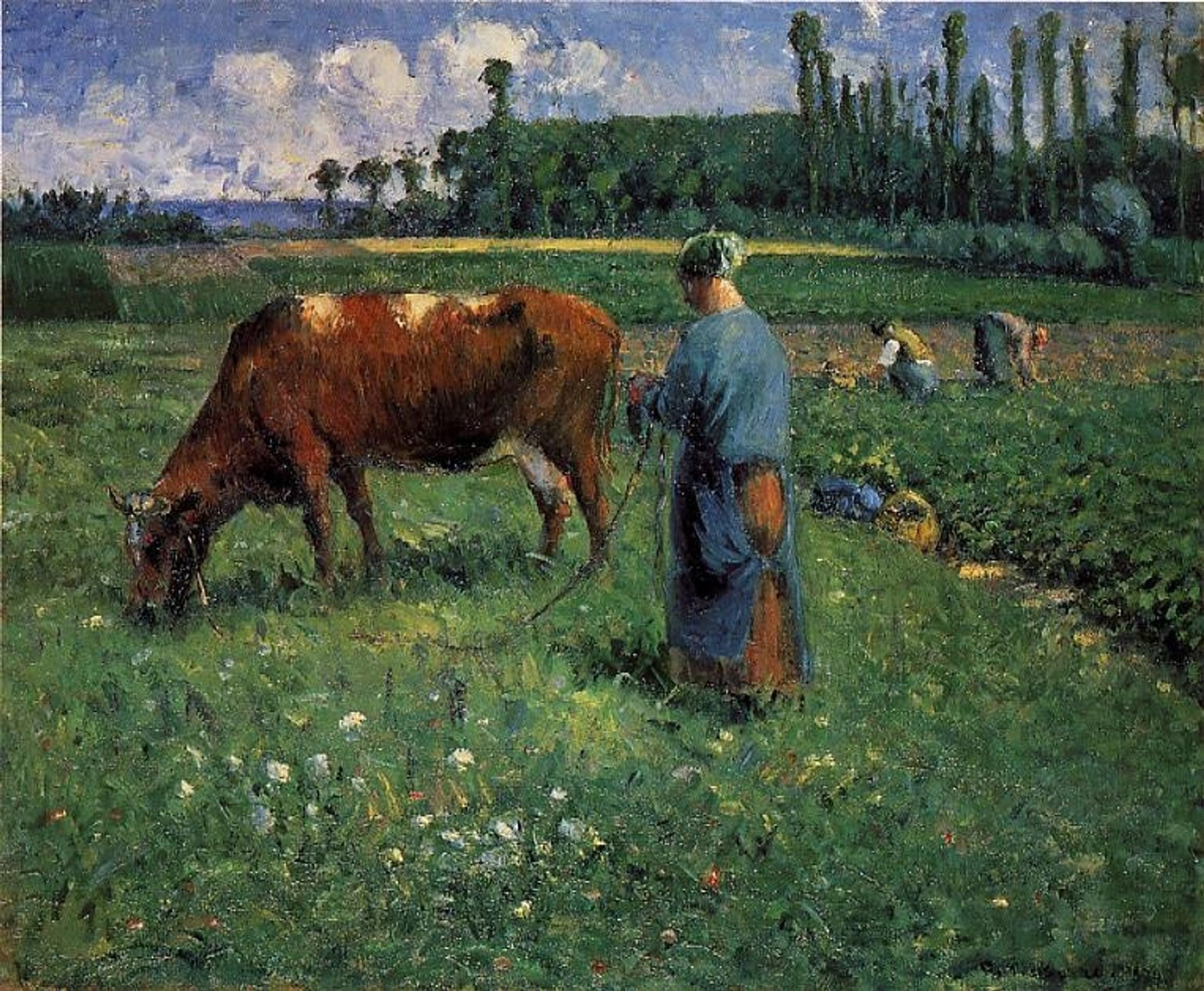 Girl Tending a Cow in Pasture by Camille Pissarro