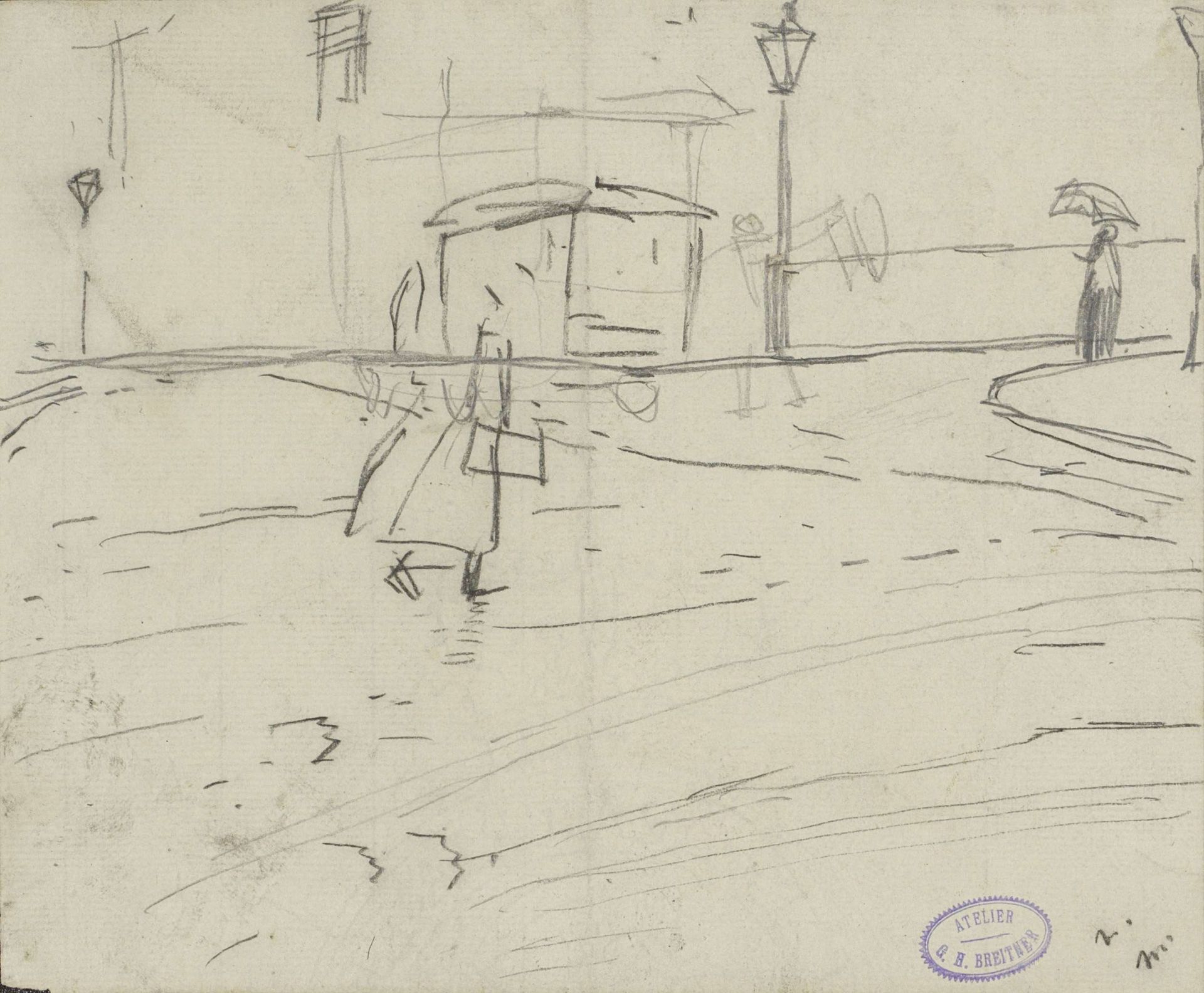 Figuren op een plein bij regen by George Hendrik Breitner