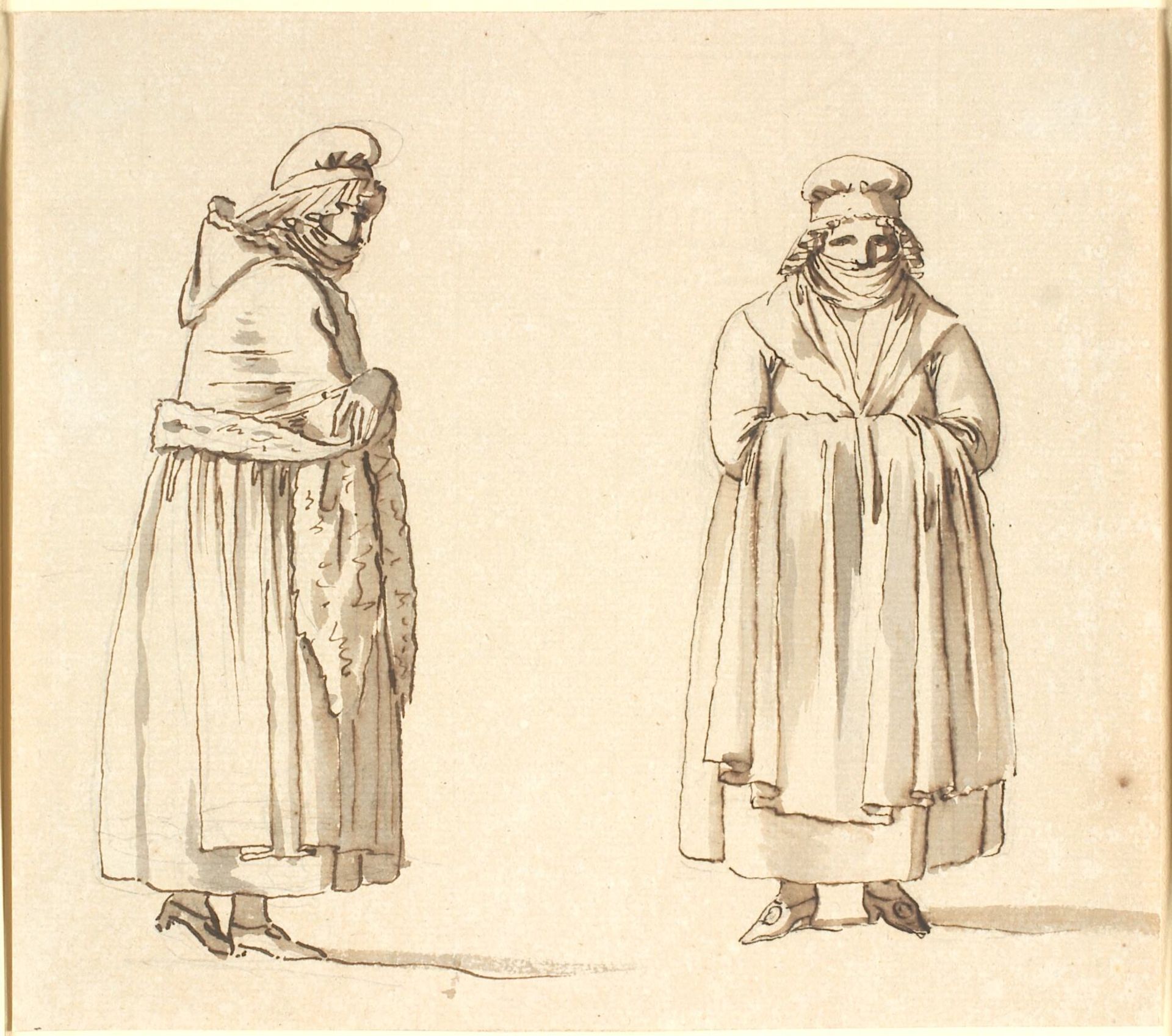 To almuekoner med tørklæder for munden, den ene i profil den anden set forfra by Nicolai Abildgaard