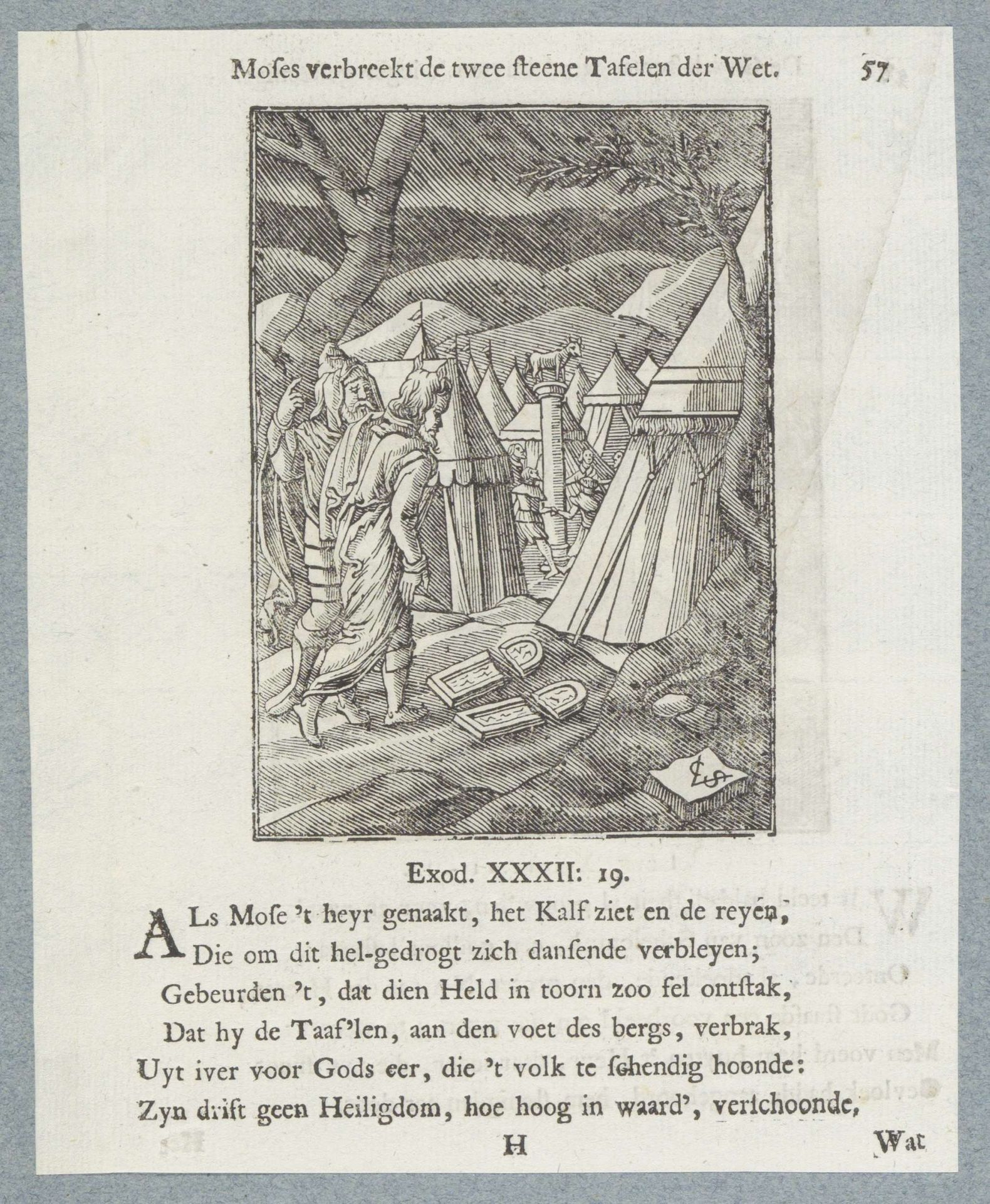 Mozes breekt de tafelen der wet by Christoffel van (II) Sichem