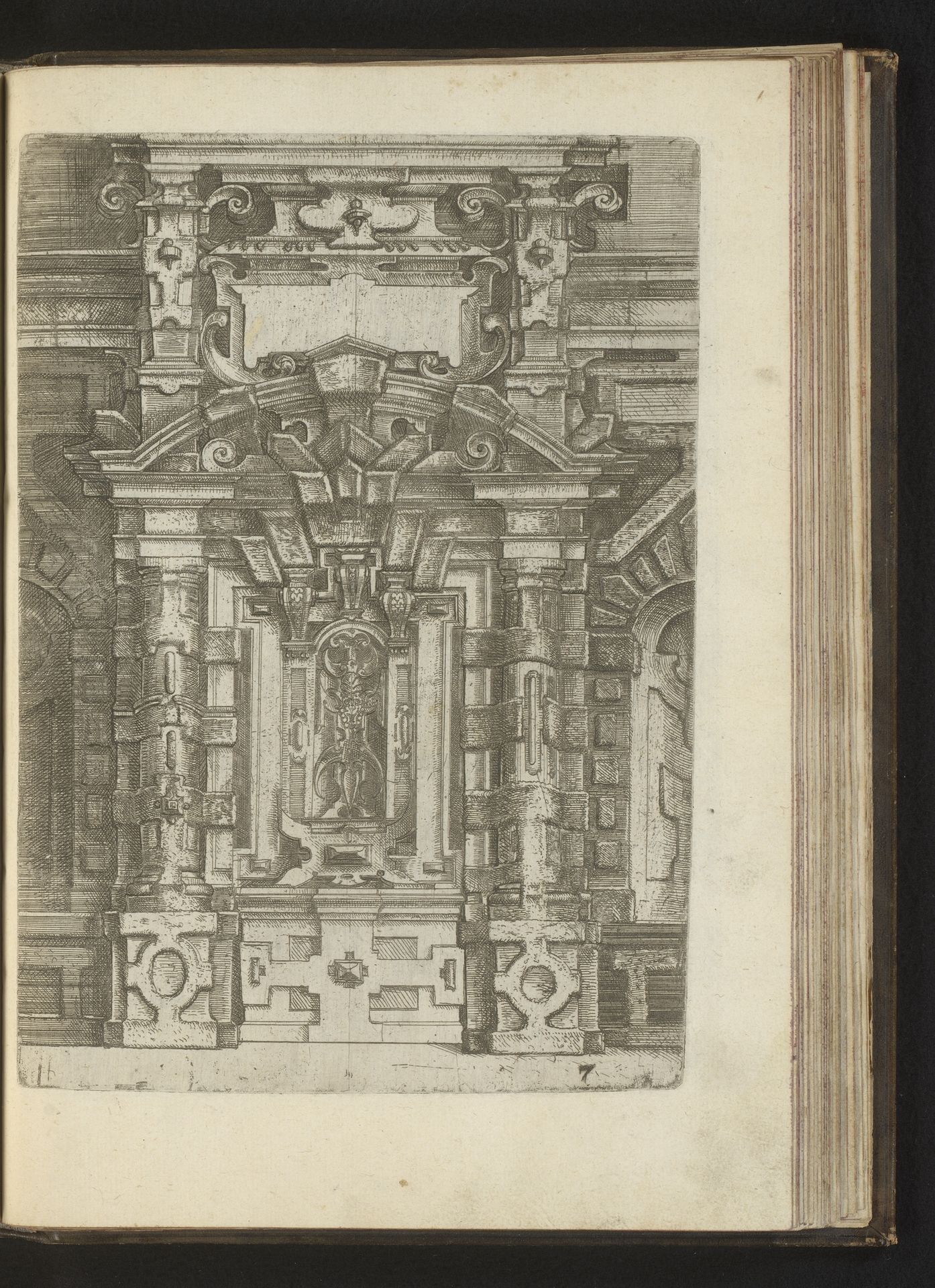 Gelede wand met poortvormige muurdecoratie en pilasters met rustica, decoratie van rolwerk, een mascaron en een cartouche by Wendel (I) Dietterlin