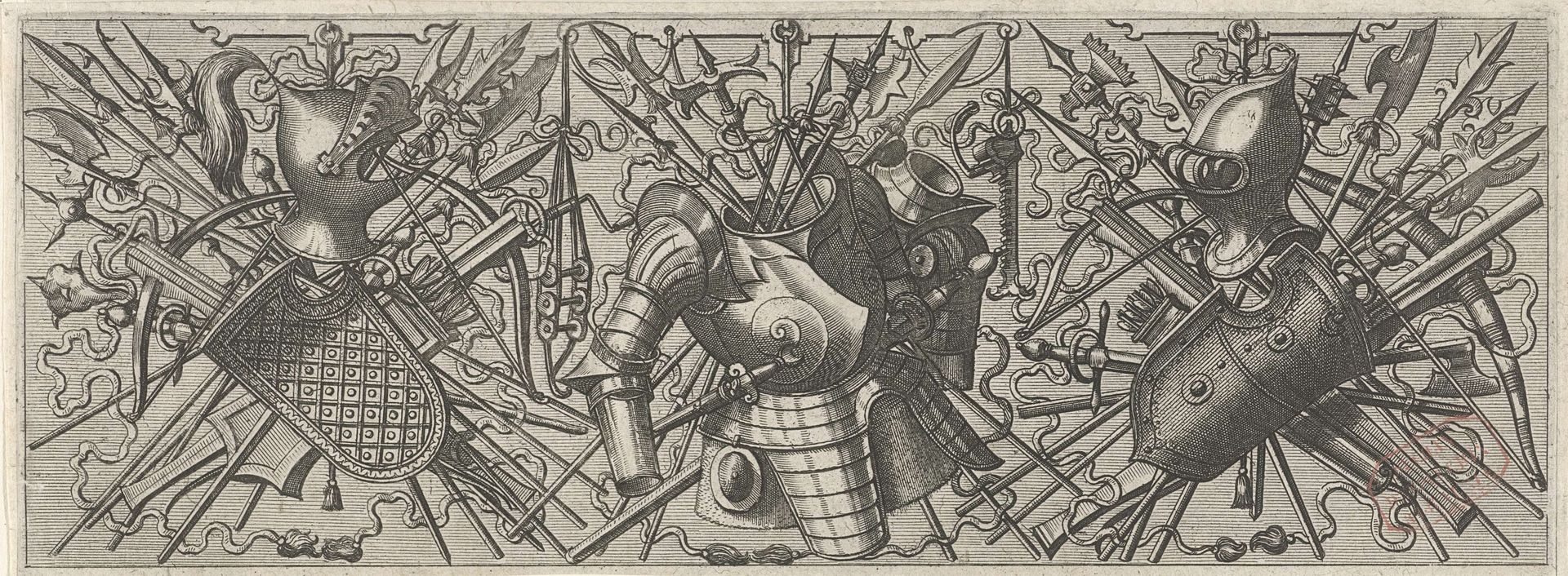Fries met links een helm, een schild en gekruiste stokwapens en kruisbogen by Johannes of Lucas van Doetechum