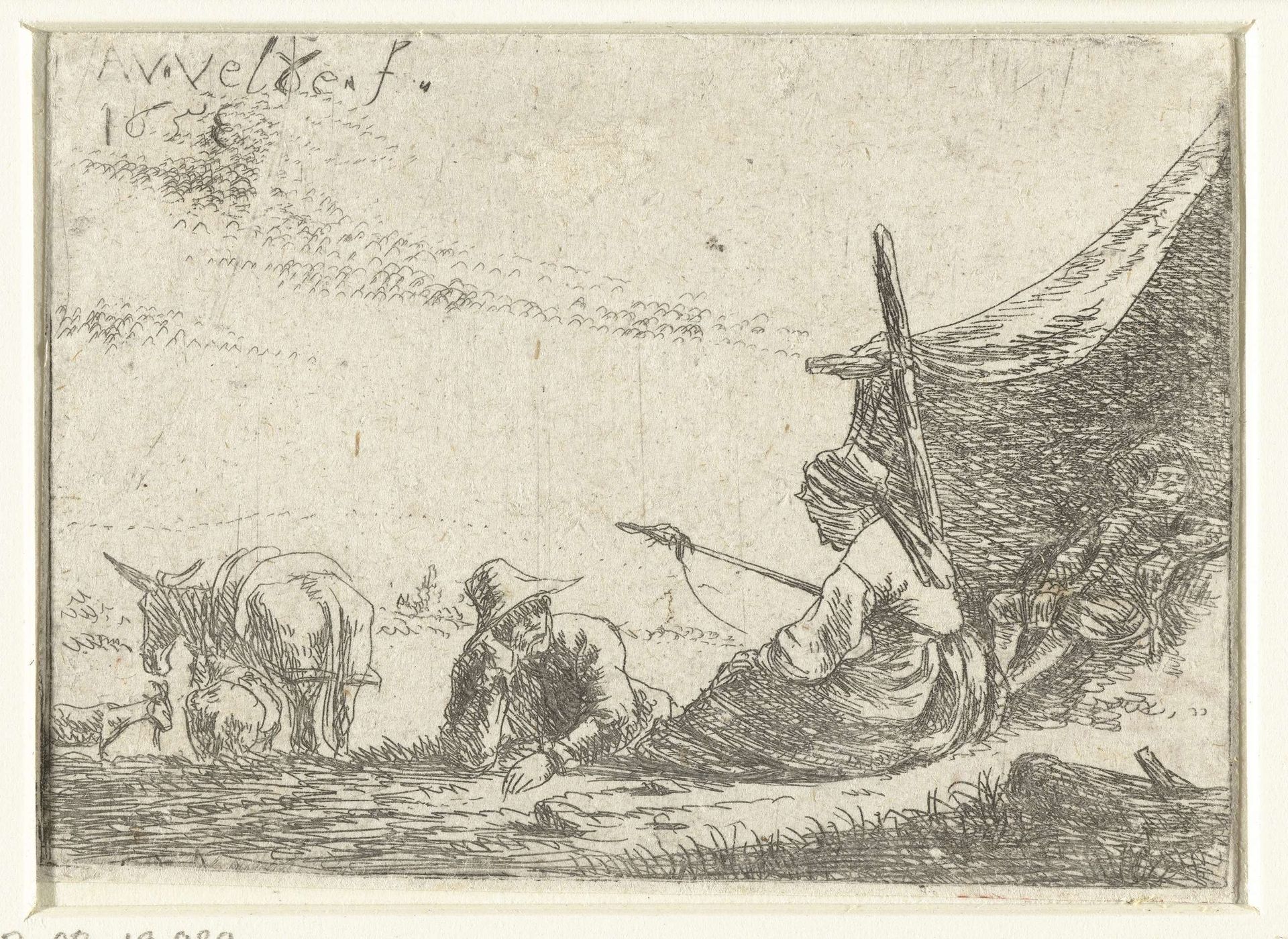 Spinnende vrouw met twee mannen bij een tent by Adriaen van de Velde