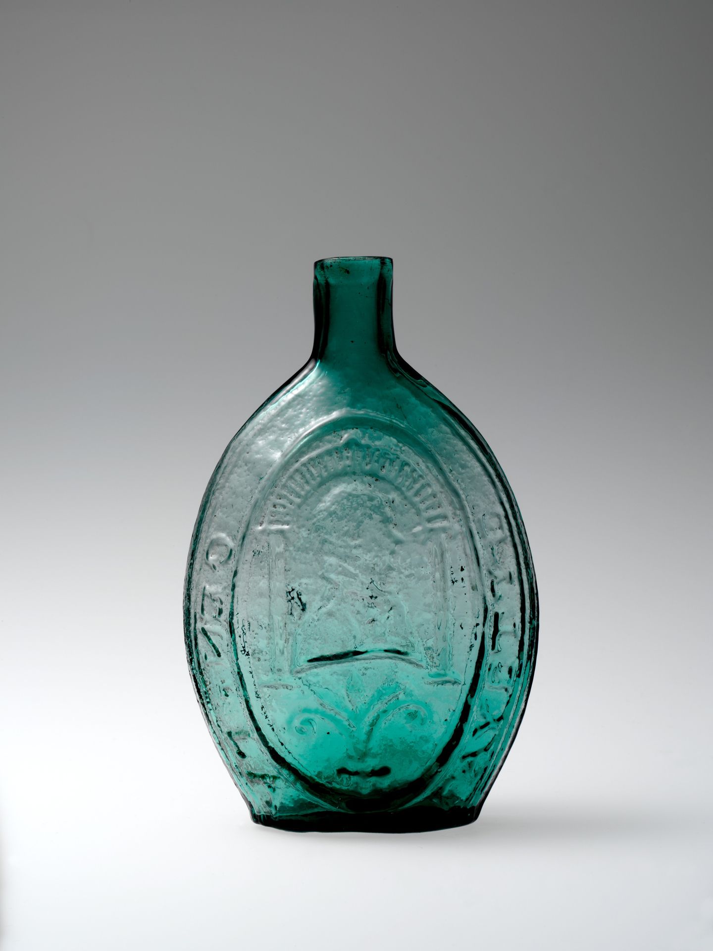Figured flask by Knox and McKee (Virginia Green Glass Works)