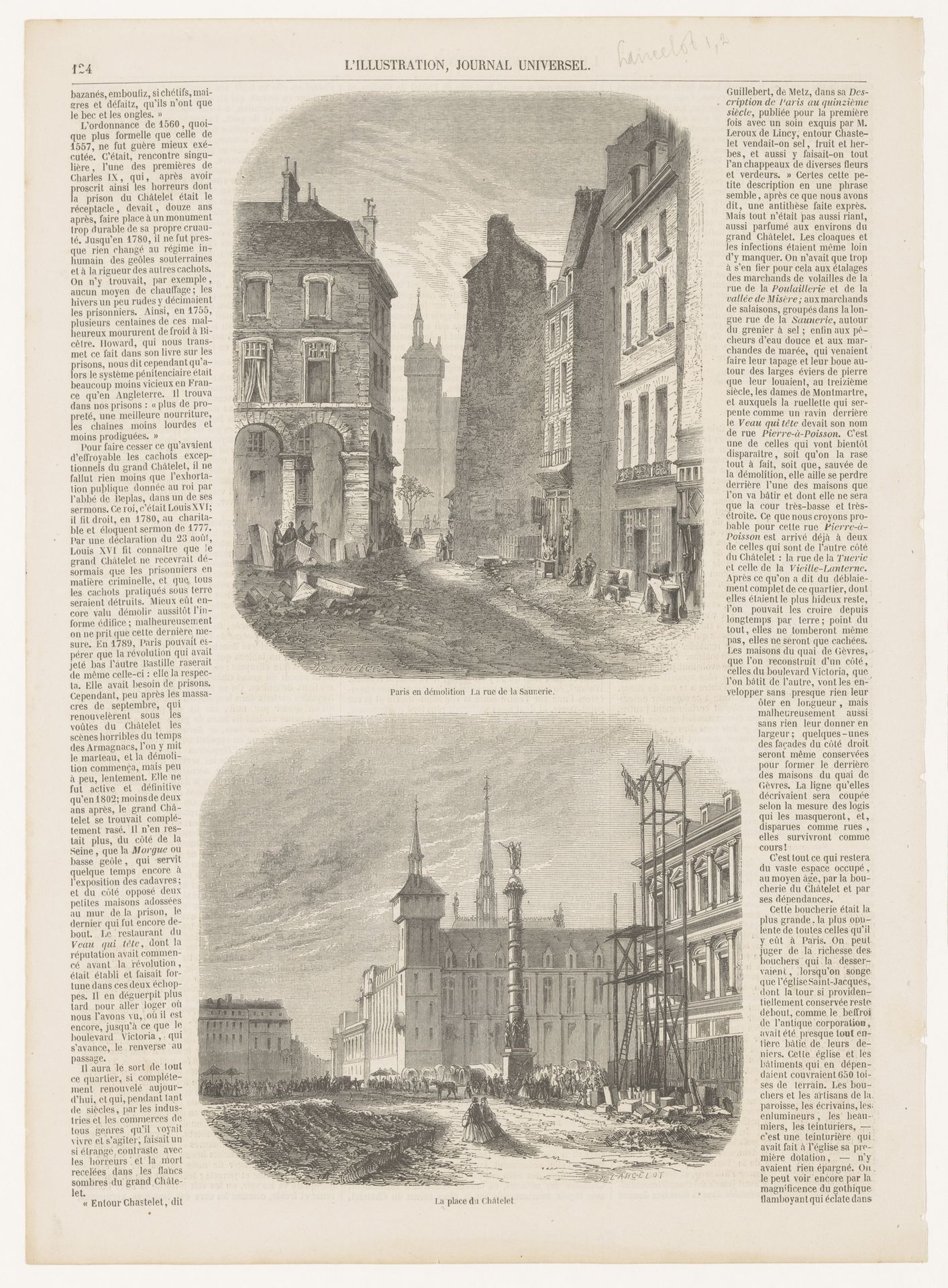 Pagina uit L'Illustration met twee afbeeldingen van de sloop en vernieuwing van delen van Parijs in 1856 by Dieudonné Auguste Lancelot