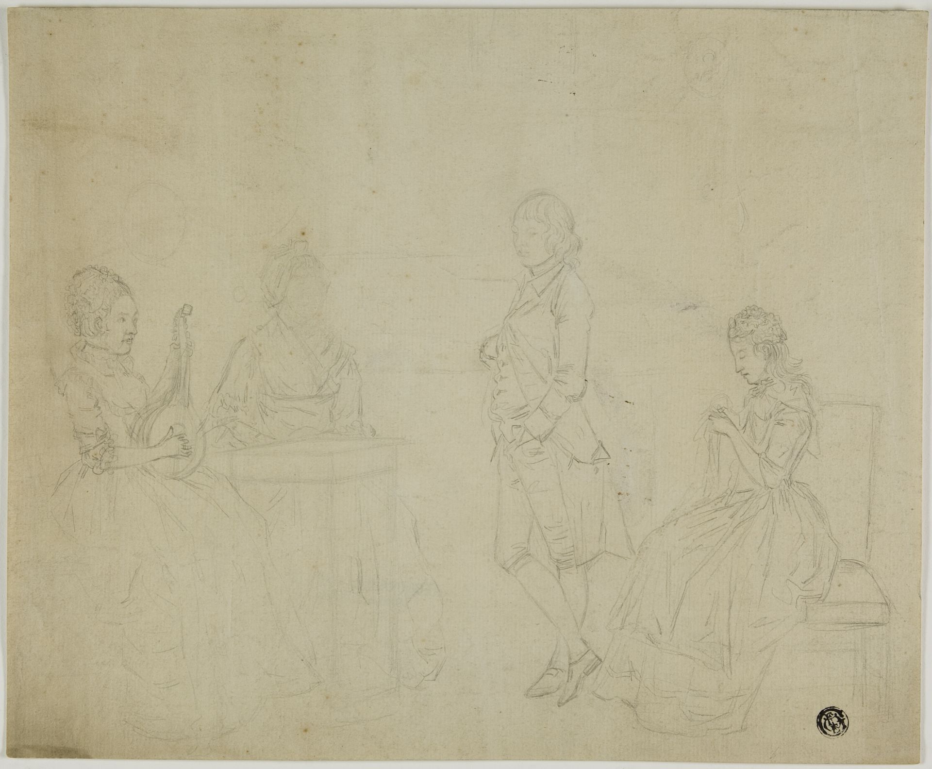 Sketch of Family Group with Three Seated Women and Young Man Standing by Johann Friedrich August Tischbein