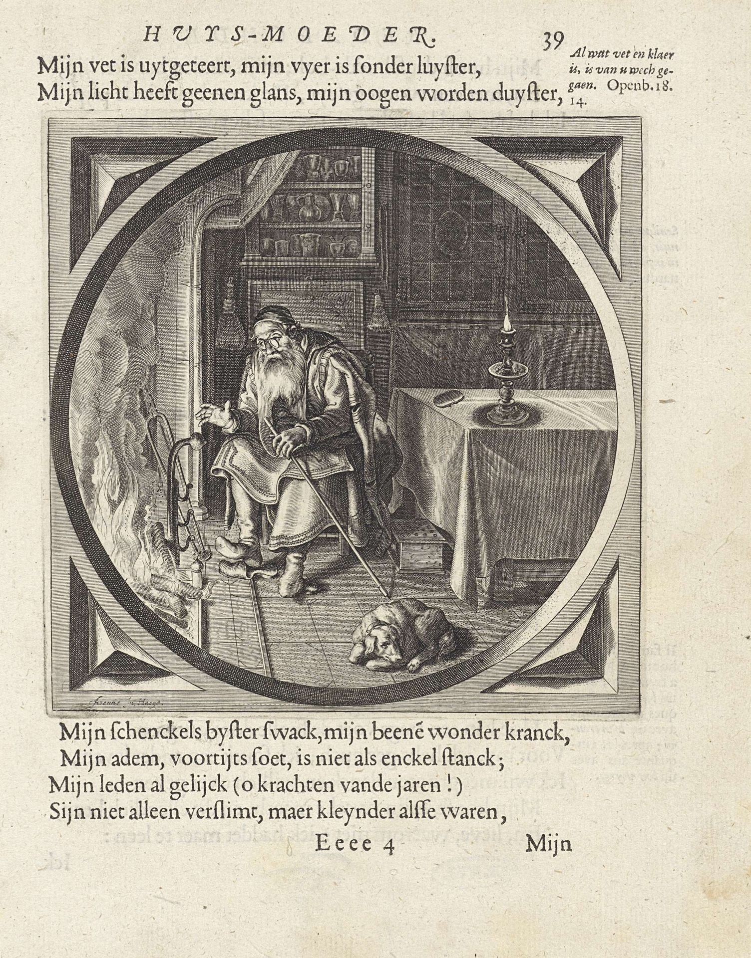 Oude man bij een haardvuur in een interieur by Anonymous