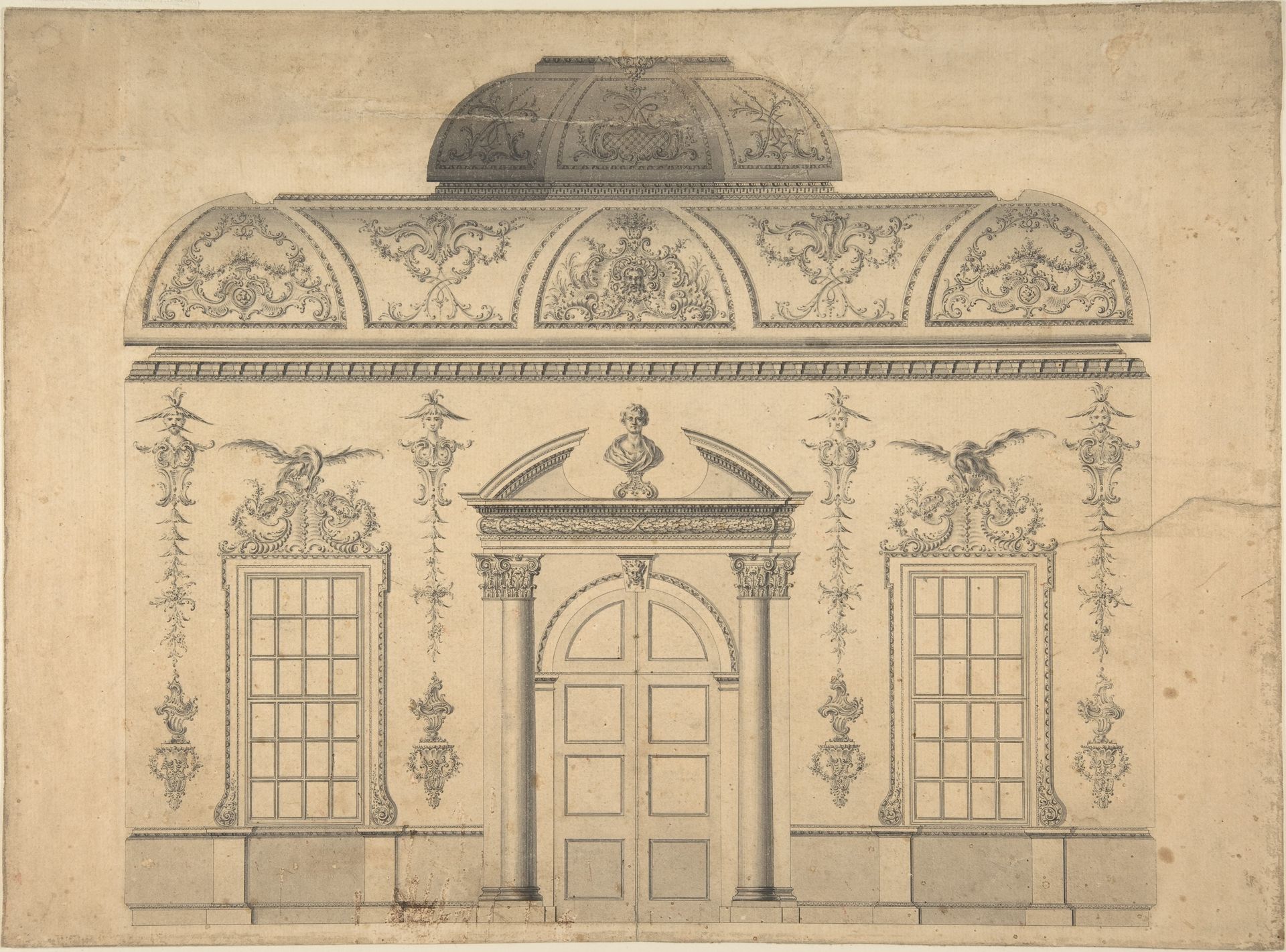 Design for the Decoration of the Window Door Wall of a Rococo Room with a Coved Ceiling and Coved Central Fanlight (Section) by Thomas Lightoler