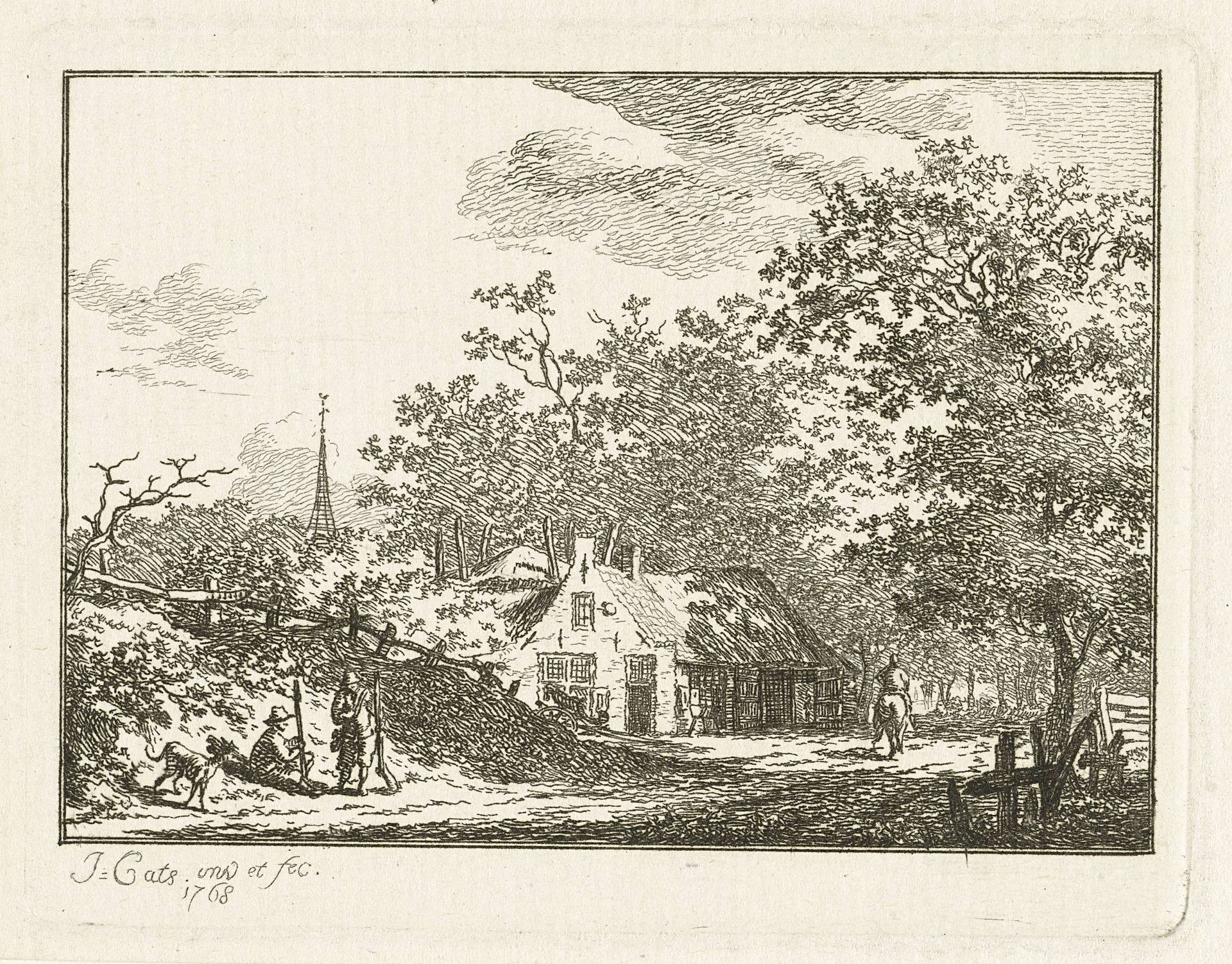 Landschap met twee jagers langs de weg by Jacob Cats