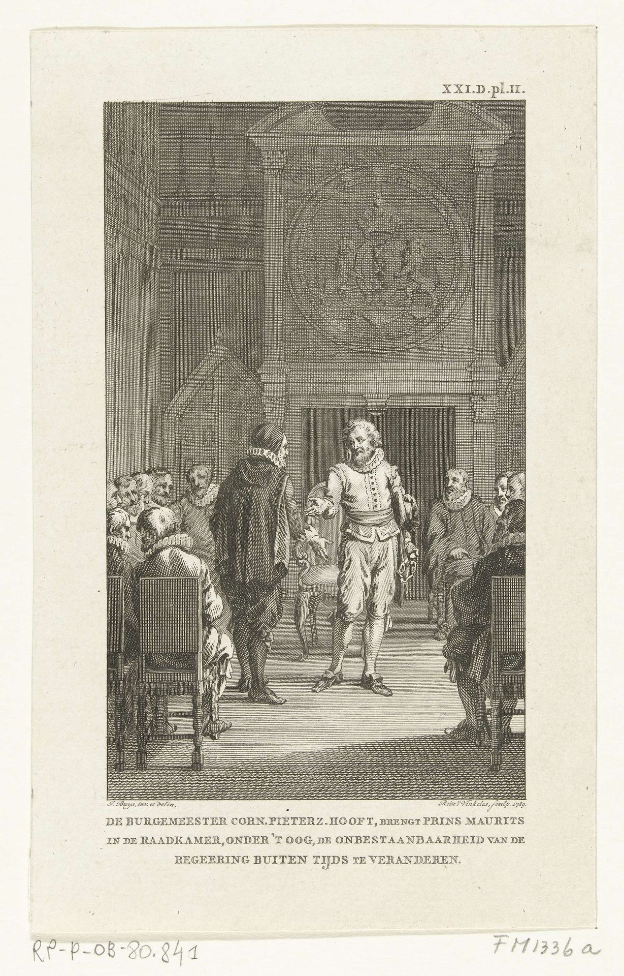 Burgemeester Cornelis Pietersz. Hooft pleit bij Maurits tegen het verzetten van de wet te Amsterdam, 1618 by Reinier Vinkeles