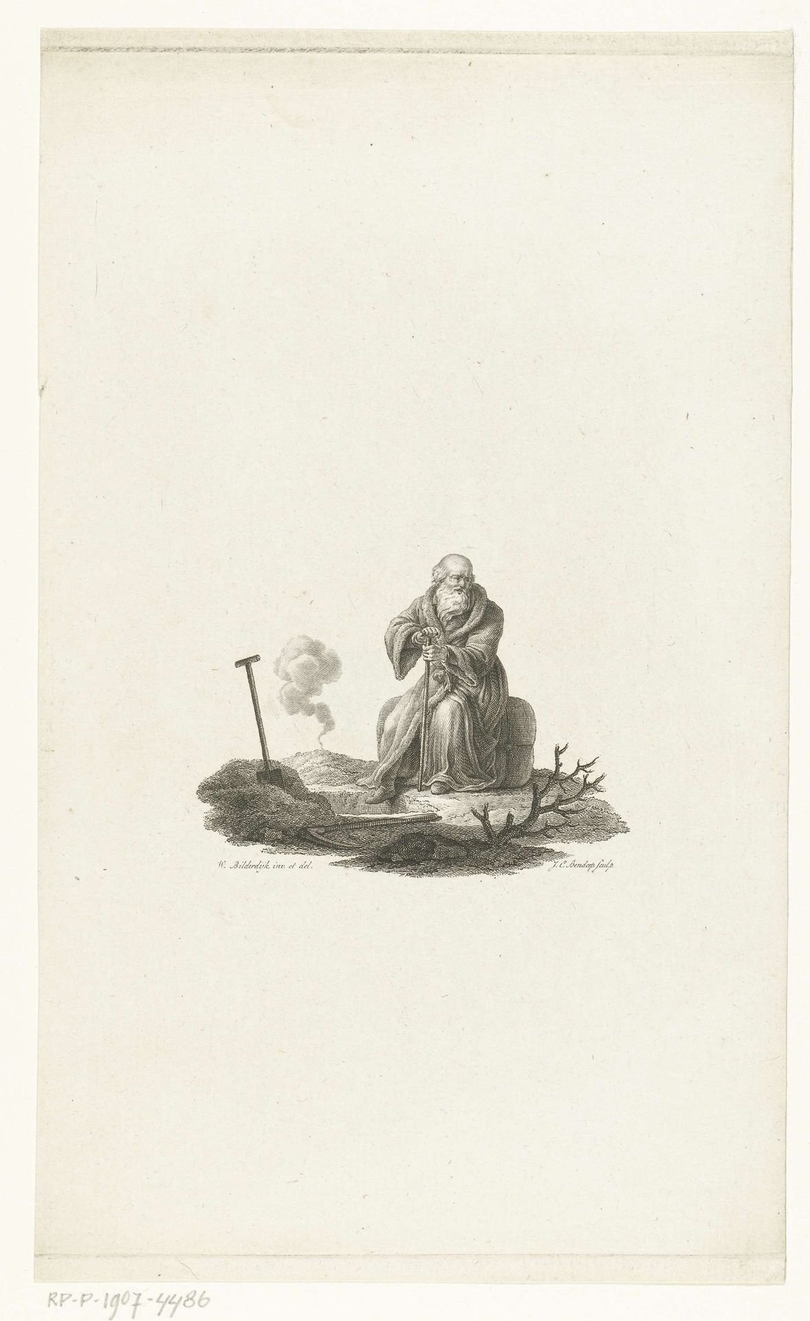 Oude man zit bij open graf by Johannes Christiaan Bendorp