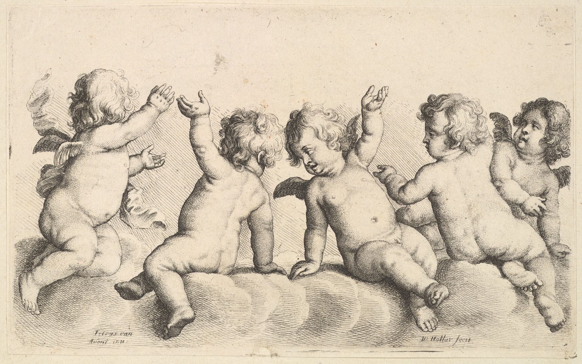 Three cherubs and two boys on clouds by Wenceslaus Hollar