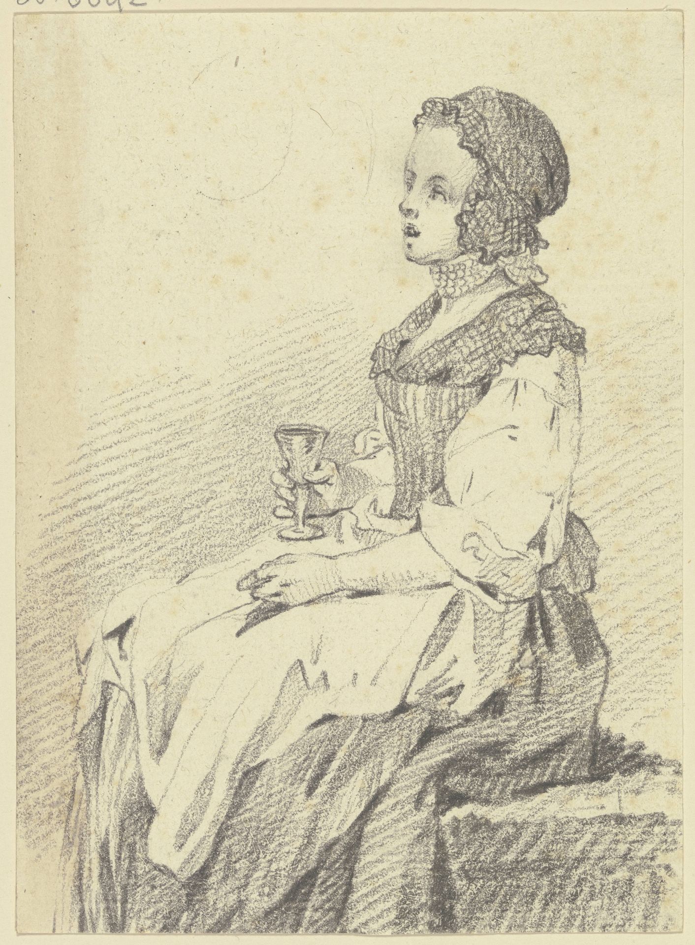 Sitzendes junges Mädchen mit Haube und Halsband, im Profil nach links, ein Glas in der rechten Hand haltend by Georg Melchior Kraus