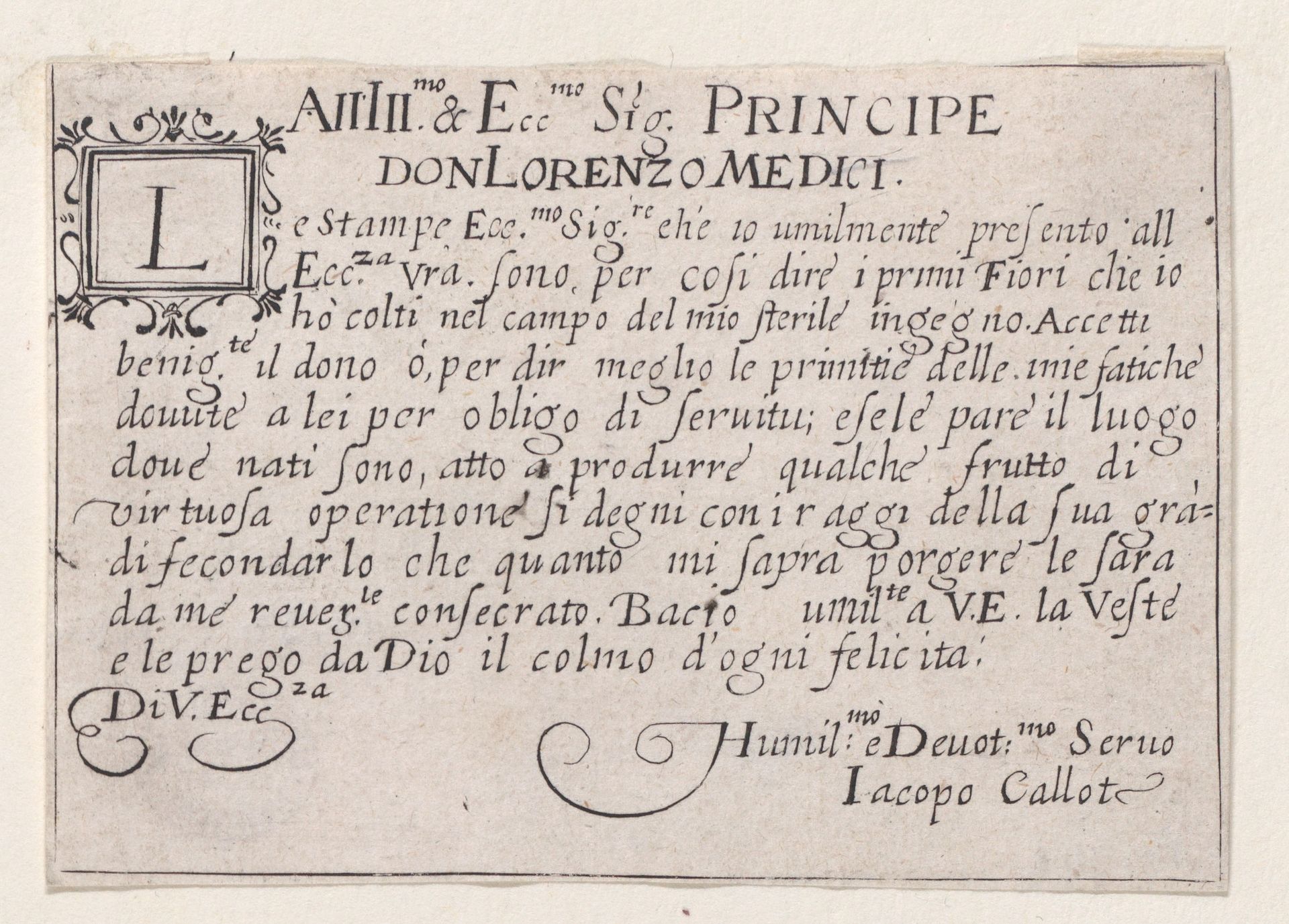 Copy of Dedication to Lorenzo de'Medici, from "Les Caprices" Series A, The Florence Set by Anonymous
