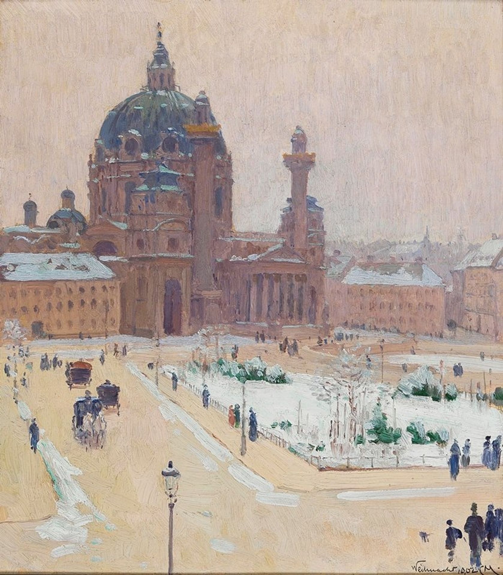Church of St. Charles in winter by Carl Moll