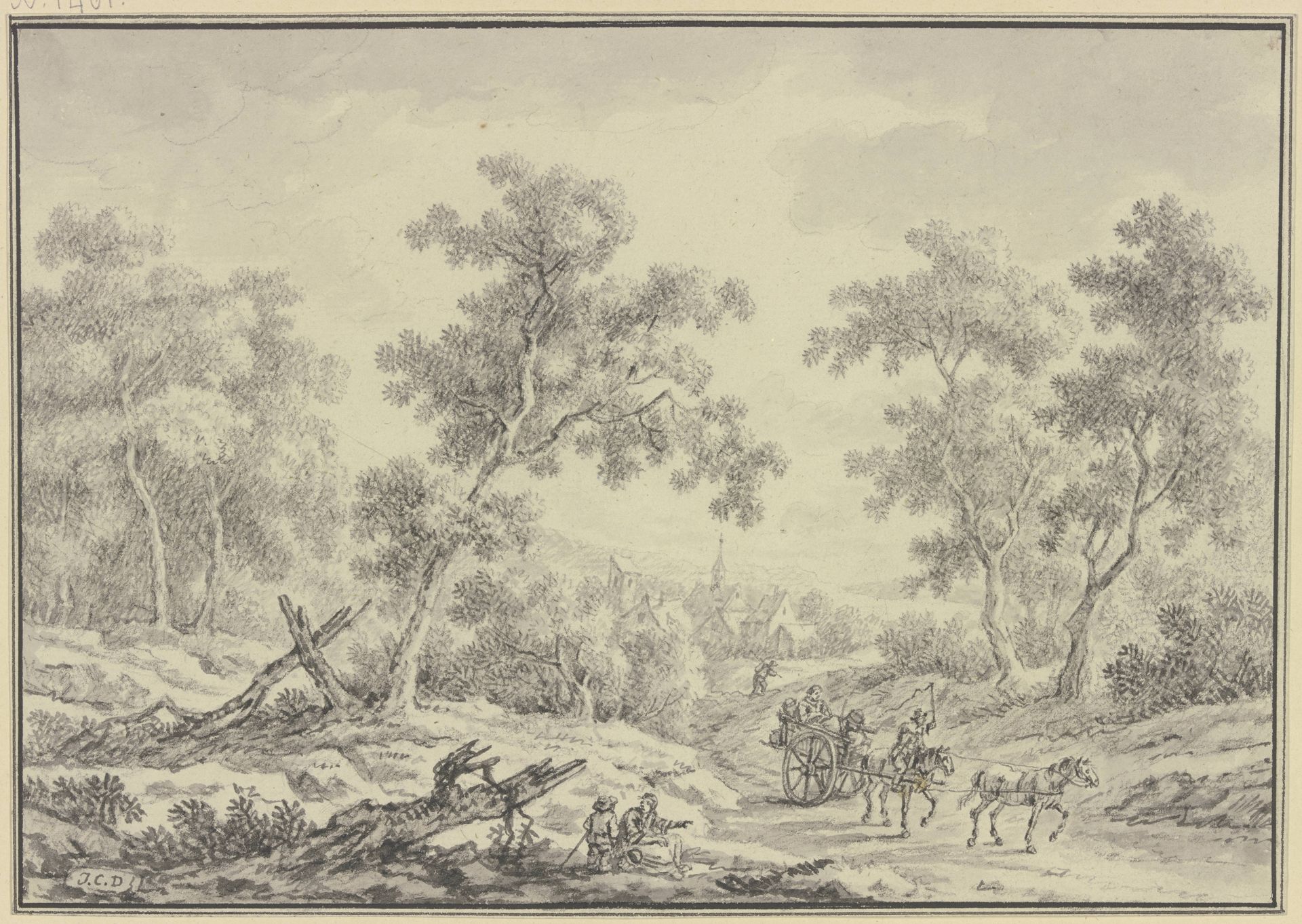 Waldlichtung mit Durchblick auf Häuser und ein Kirchlein, auf dem Weg vorne eine sitzende Frau mit einem Knaben und ein zweirädriger Karren mit zwei hintereinander gespannten Pferden by Johann Christoph Dietzsch