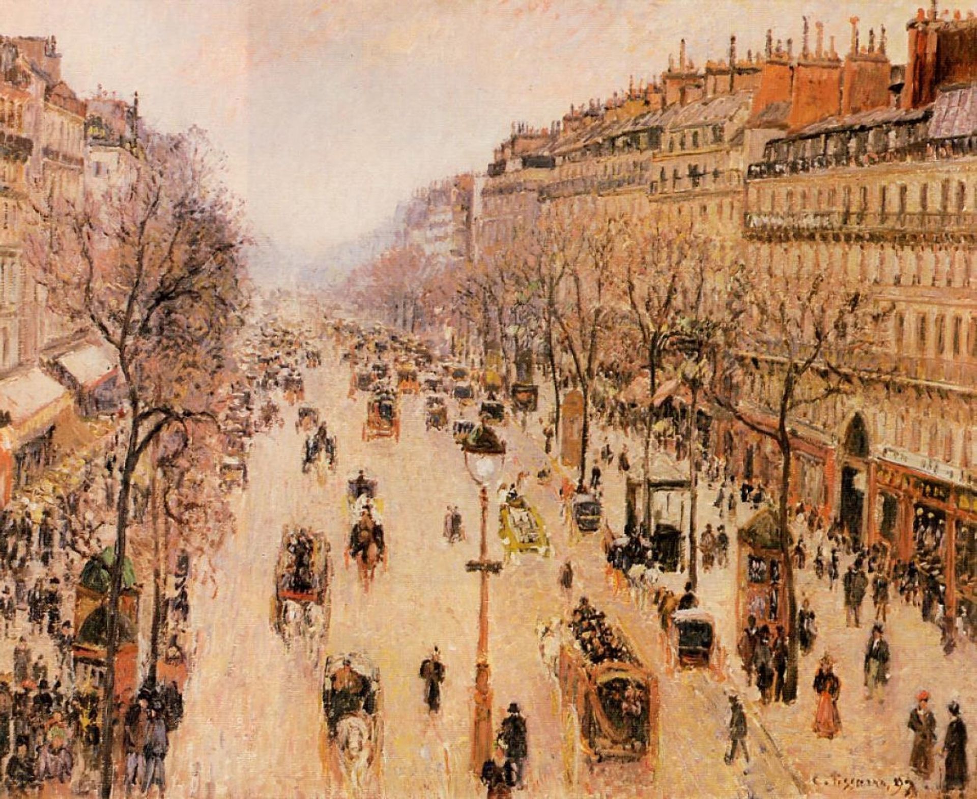 Boulevard Montmartre Morning, Grey Weather by Camille Pissarro