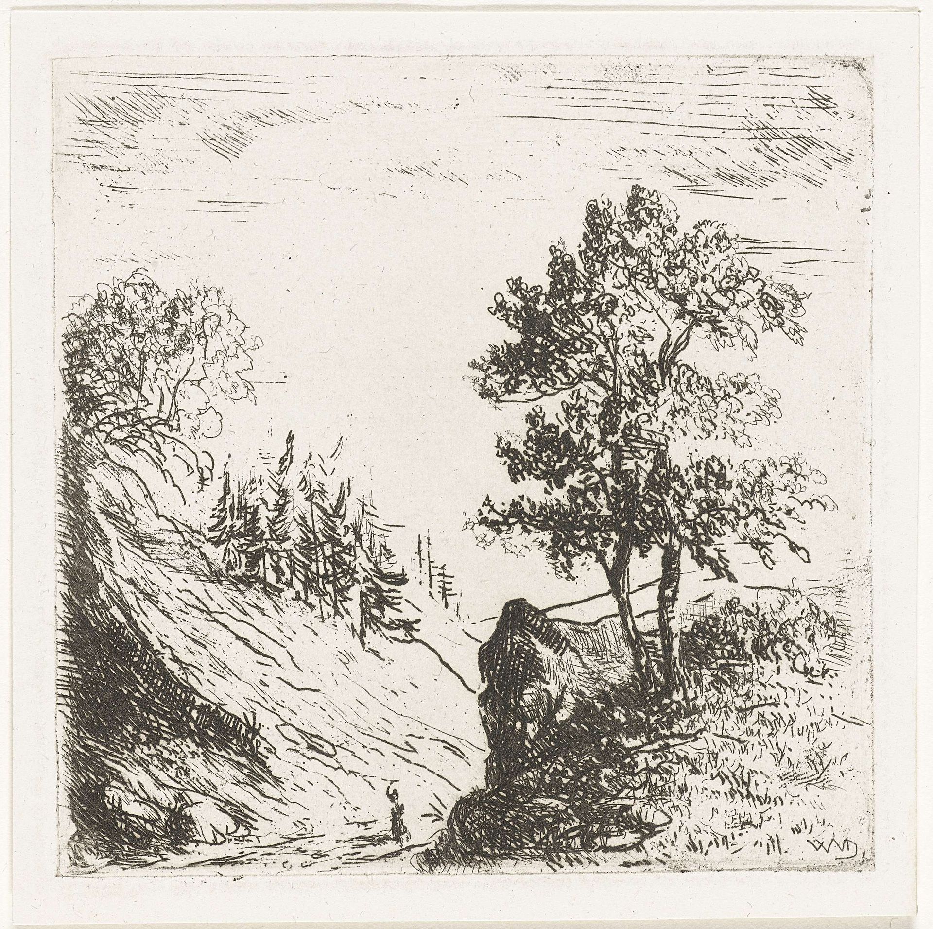 Heuvellandschap met twee bomen op rots by Willem Matthias Jan van Dielen