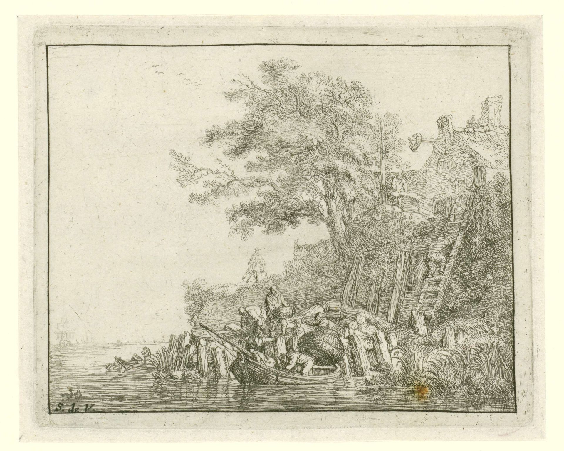 Mannen laden graanschoven in een boot by Simon de Vlieger