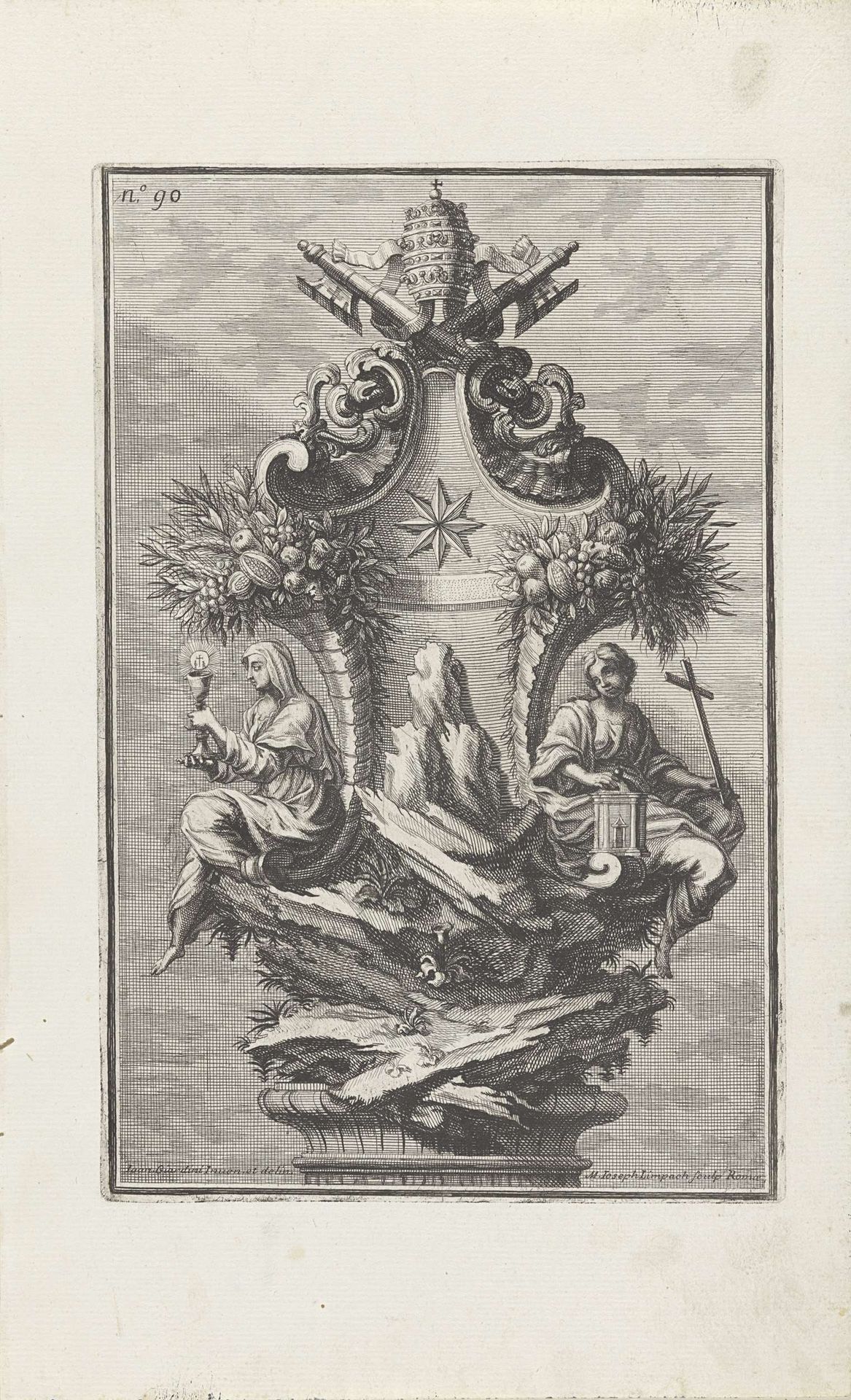 Ornament met twee vrouwen die het Geloof personifiëren en het wapen van Paus Clemens XI by Maximilian Joseph Limpach