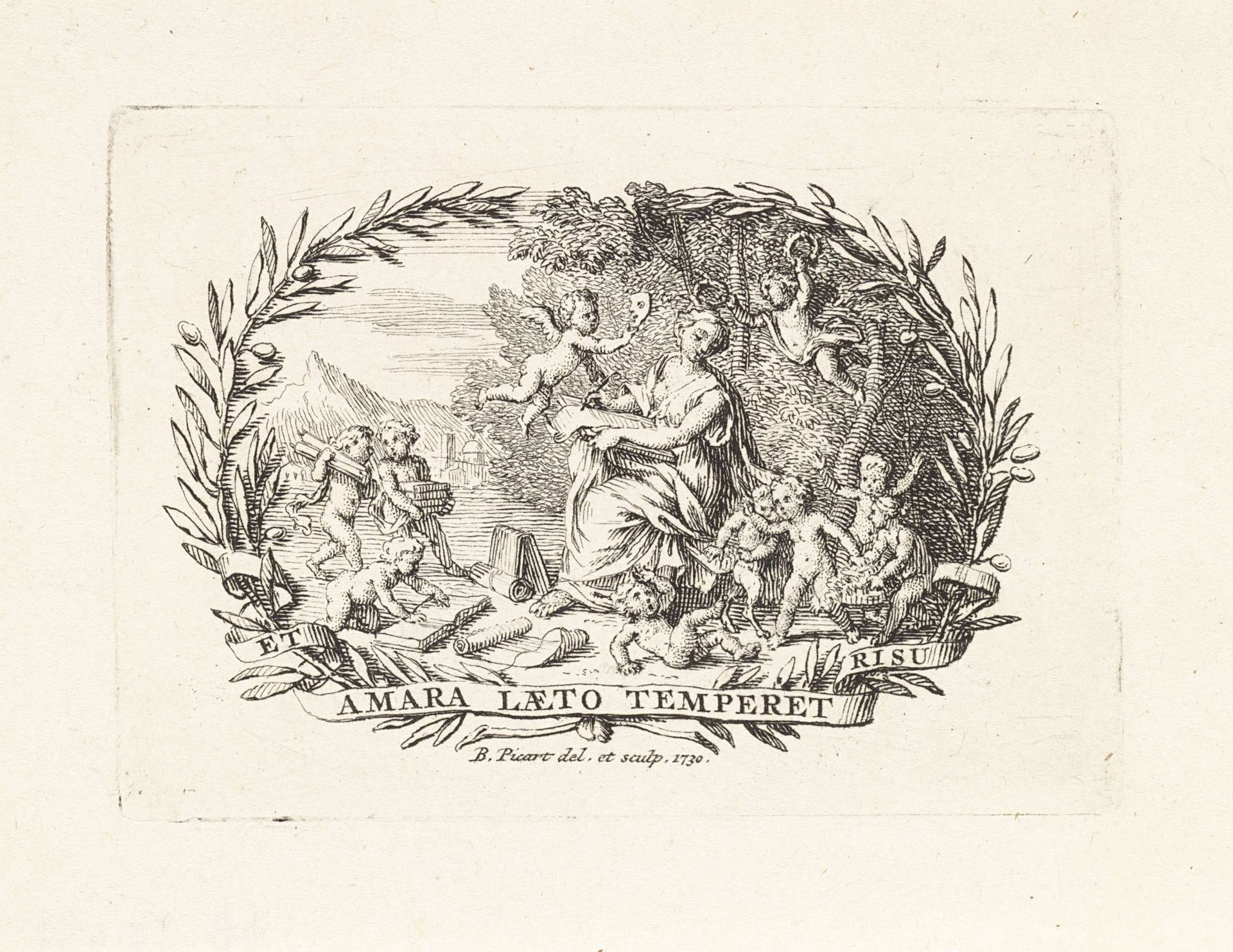Thalia omgeven door putti en boeken by Bernard Picart