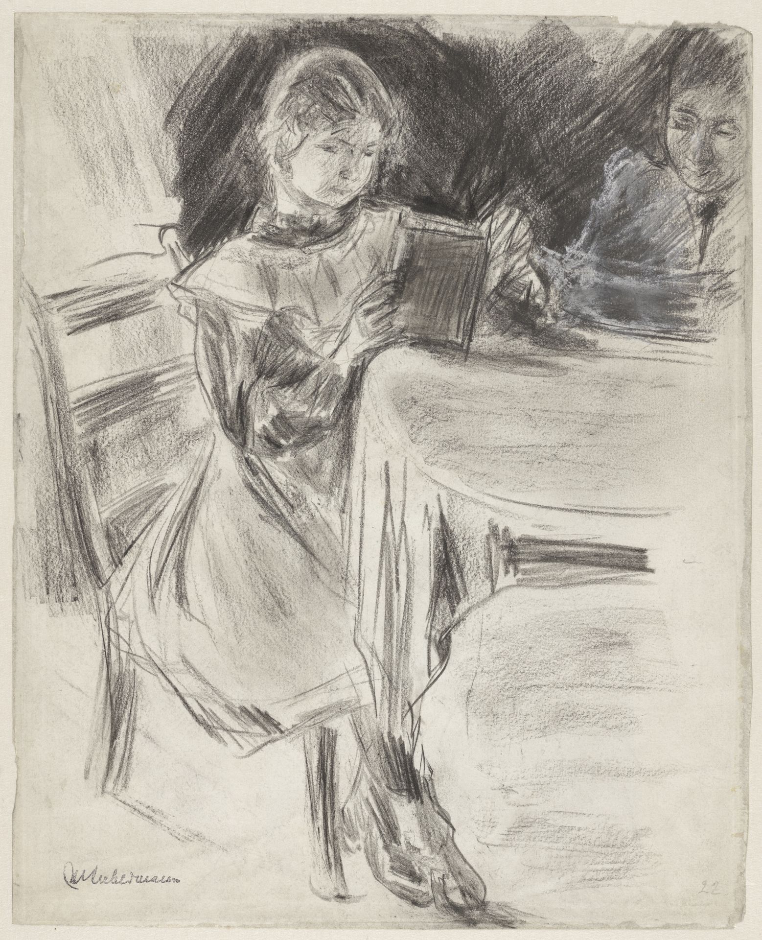 Dochtertje en vrouw van Max Liebermann, lezend aan een ronde tafel by Max Liebermann