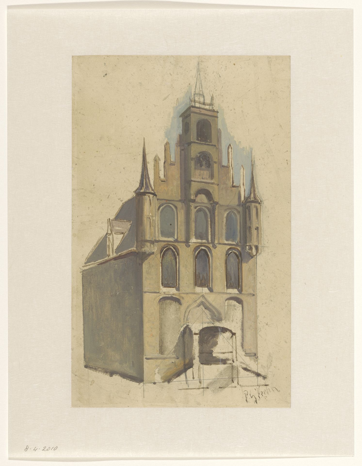 Ontwerp voor een gebouw in laat-gotische stijl met trapgevel en pinakels by Petrus Gerardus Vertin