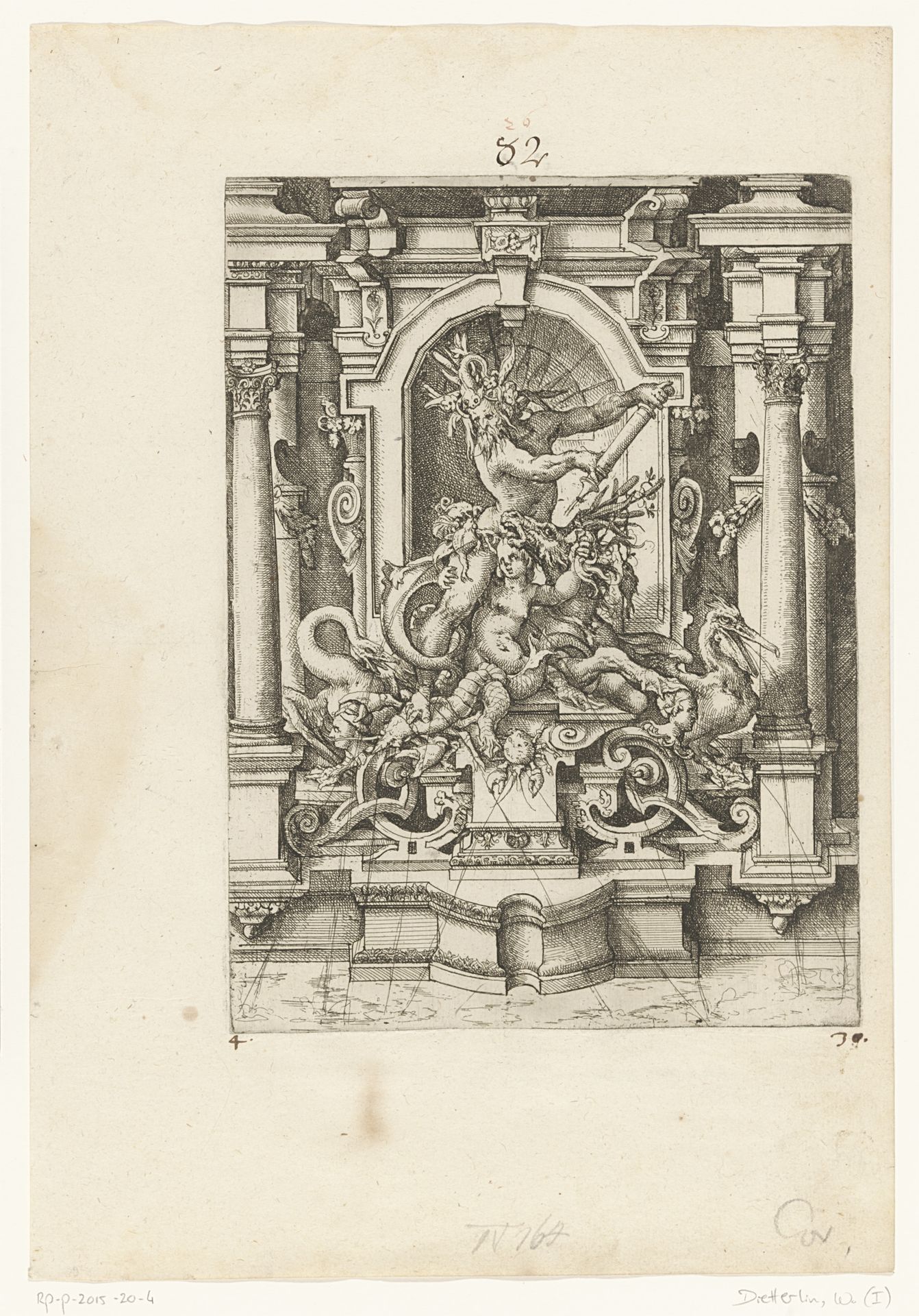 Fantastische fontein met een Triton en een Nereïde by Wendel (I) Dietterlin