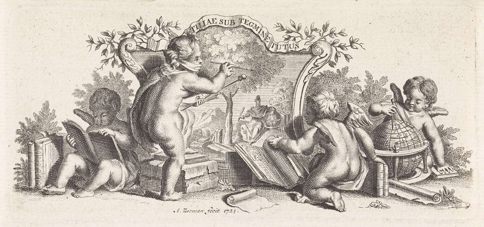Vier putti studeren en schilderen by Abraham Zeeman