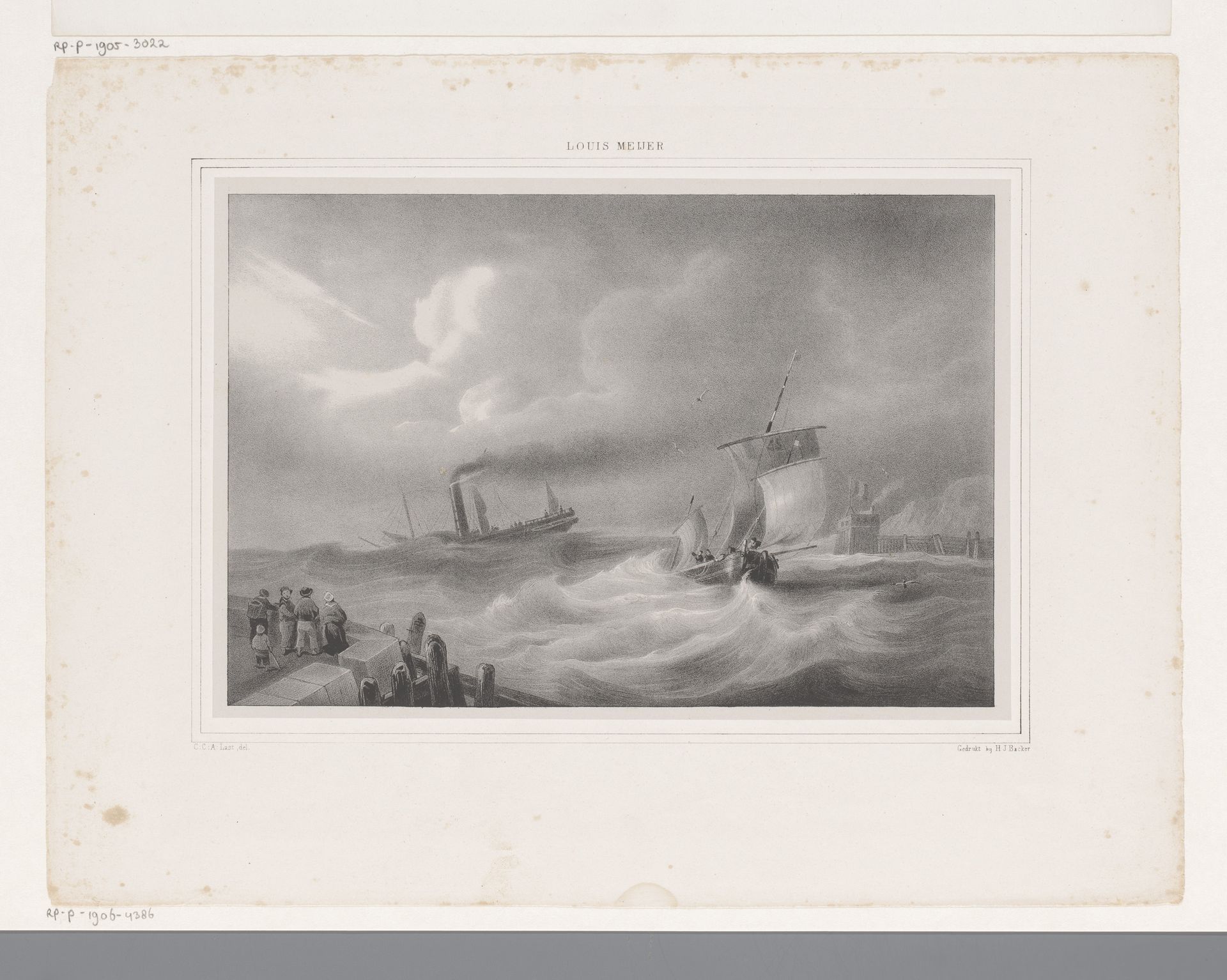Stoomboot en zeilschip tijdens een storm in een haven by Carel Christiaan Antony Last