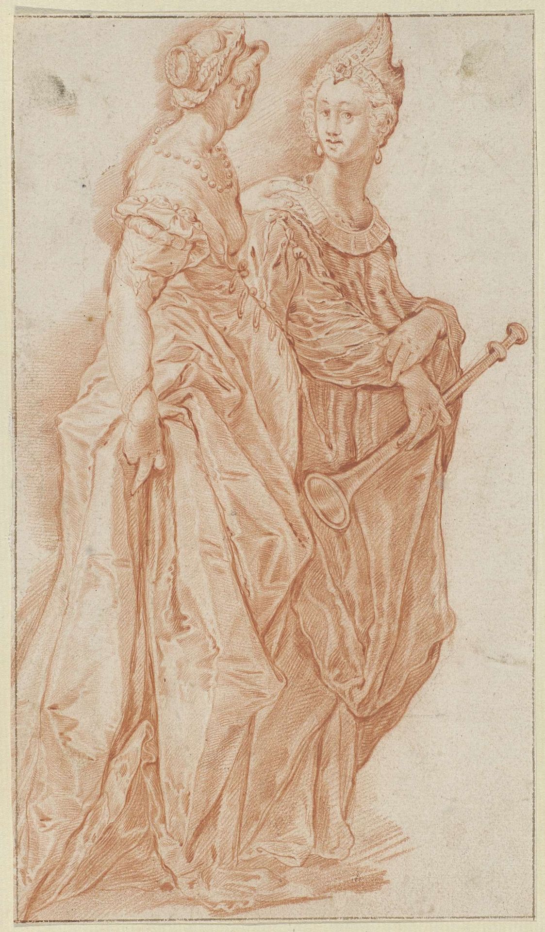 Twee rijk geklede vrouwen, één met bazuin by Anonymous