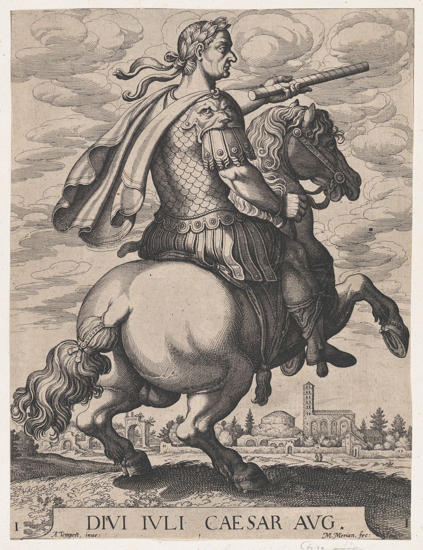 Plate 1: Emperor Julius Caesar on Horseback, from ' The First Twelve Roman Caesars', after Tempesta by Matthäus Merian the Elder