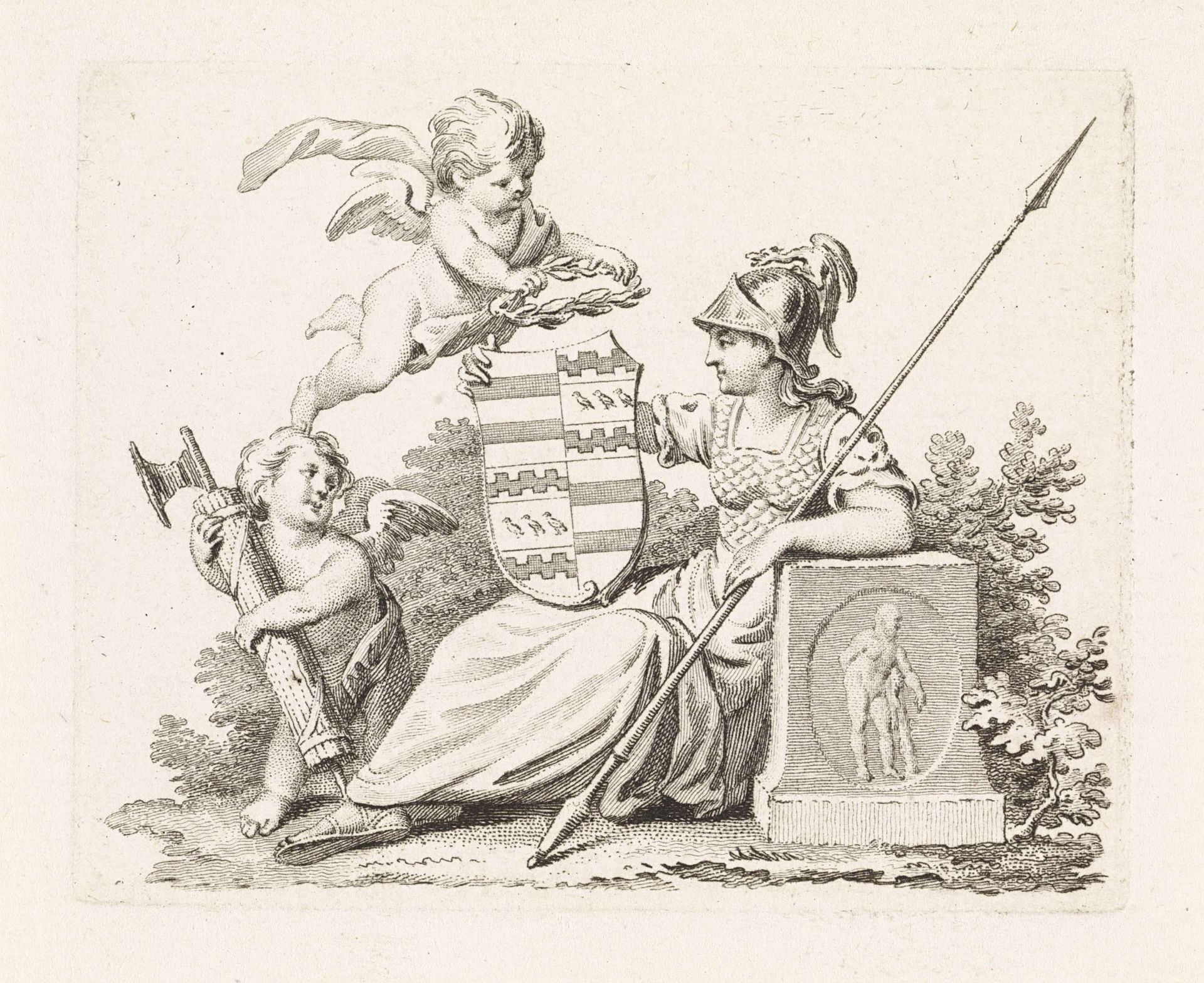 Vignet met een vrouw met een onbekend wapen by Reinier Vinkeles