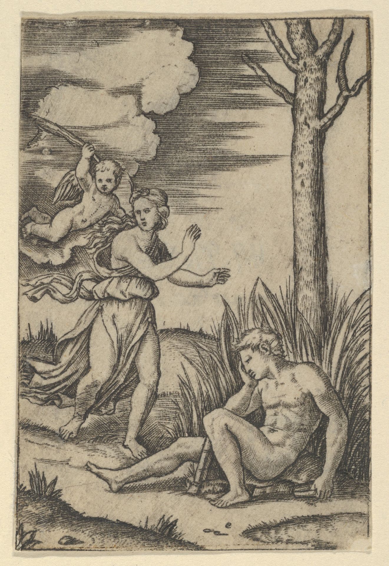 Diana followed by cupid at left, Endymion at right by Marcantonio Raimondi