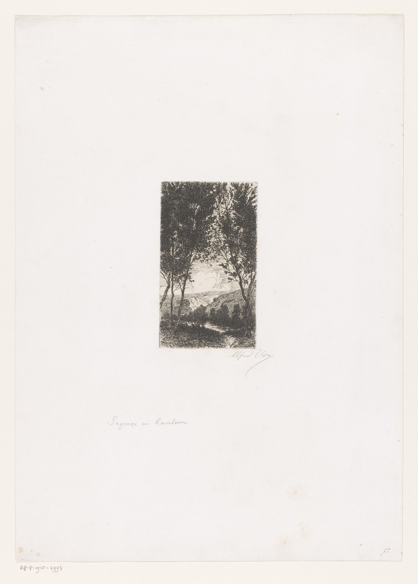 Berglandschap met meer en bomen op de voorgrond by Alfred Elsen
