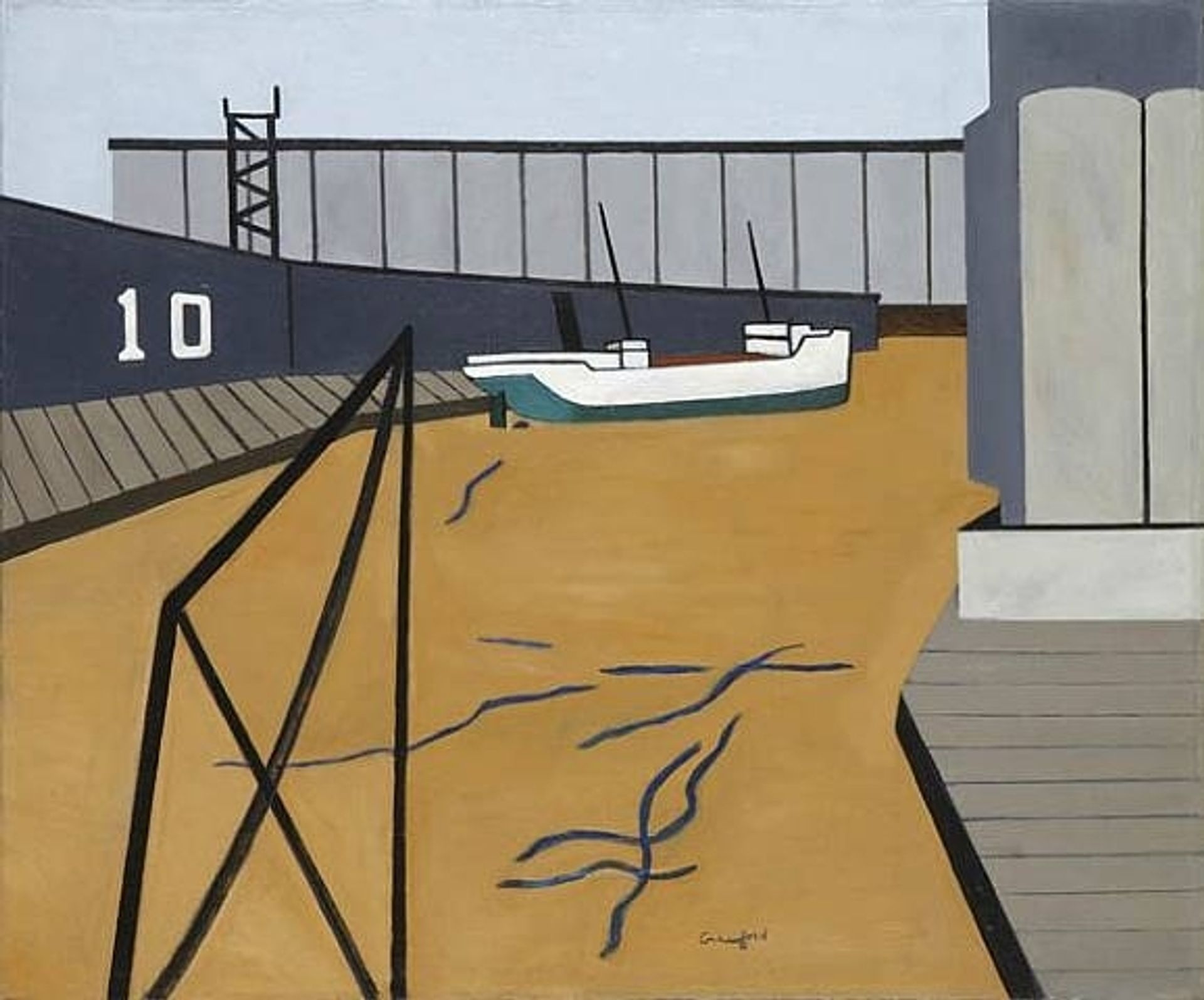 Boat and Grain Elevators by Ralston Crawford