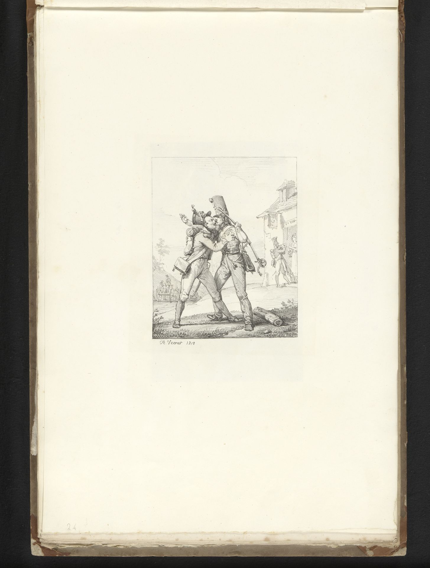 Twee soldaten omhelzen elkaar voor een herberg by Horace Vernet