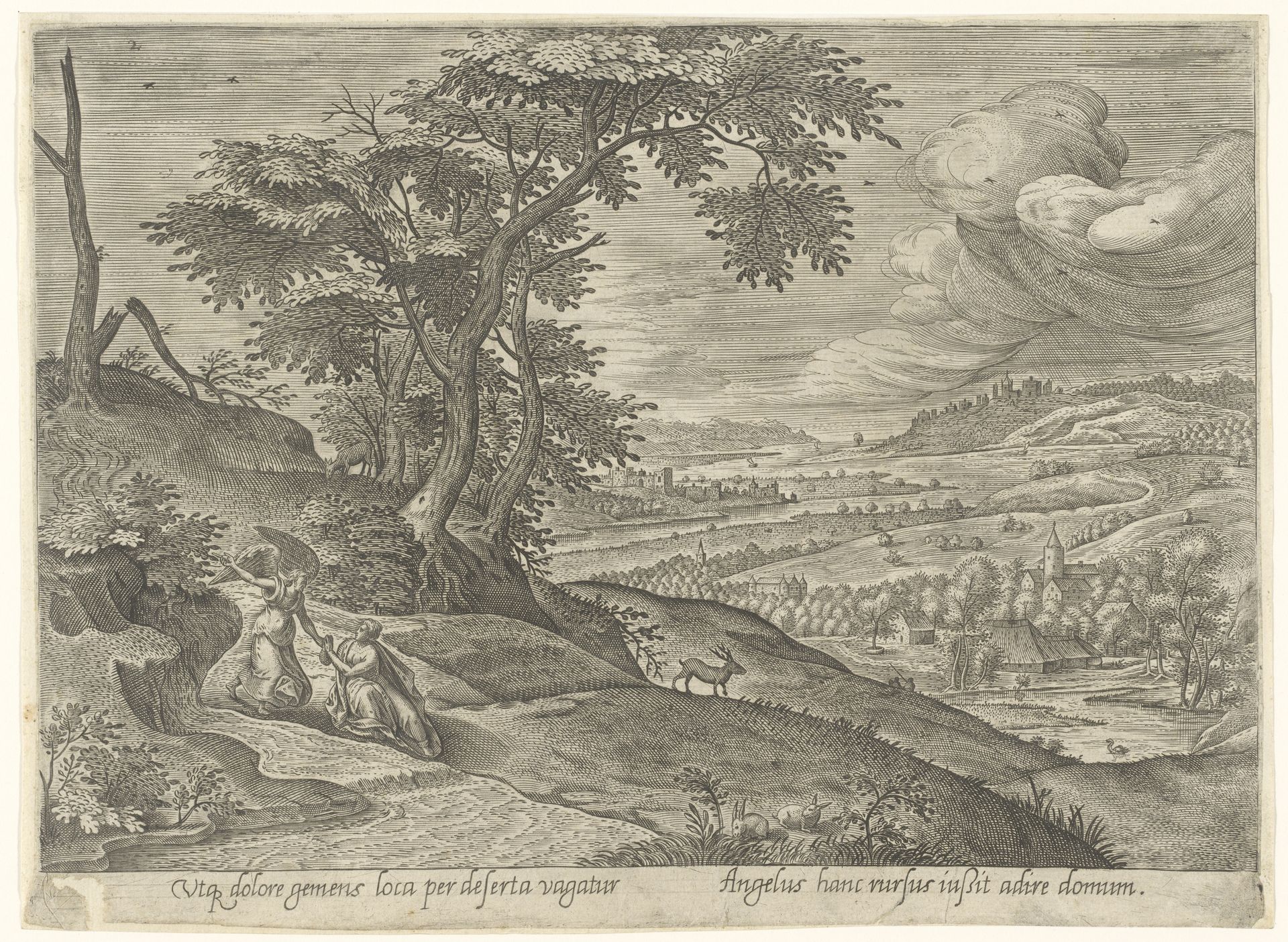 Heilige Geneviève met een engel by Philips Galle