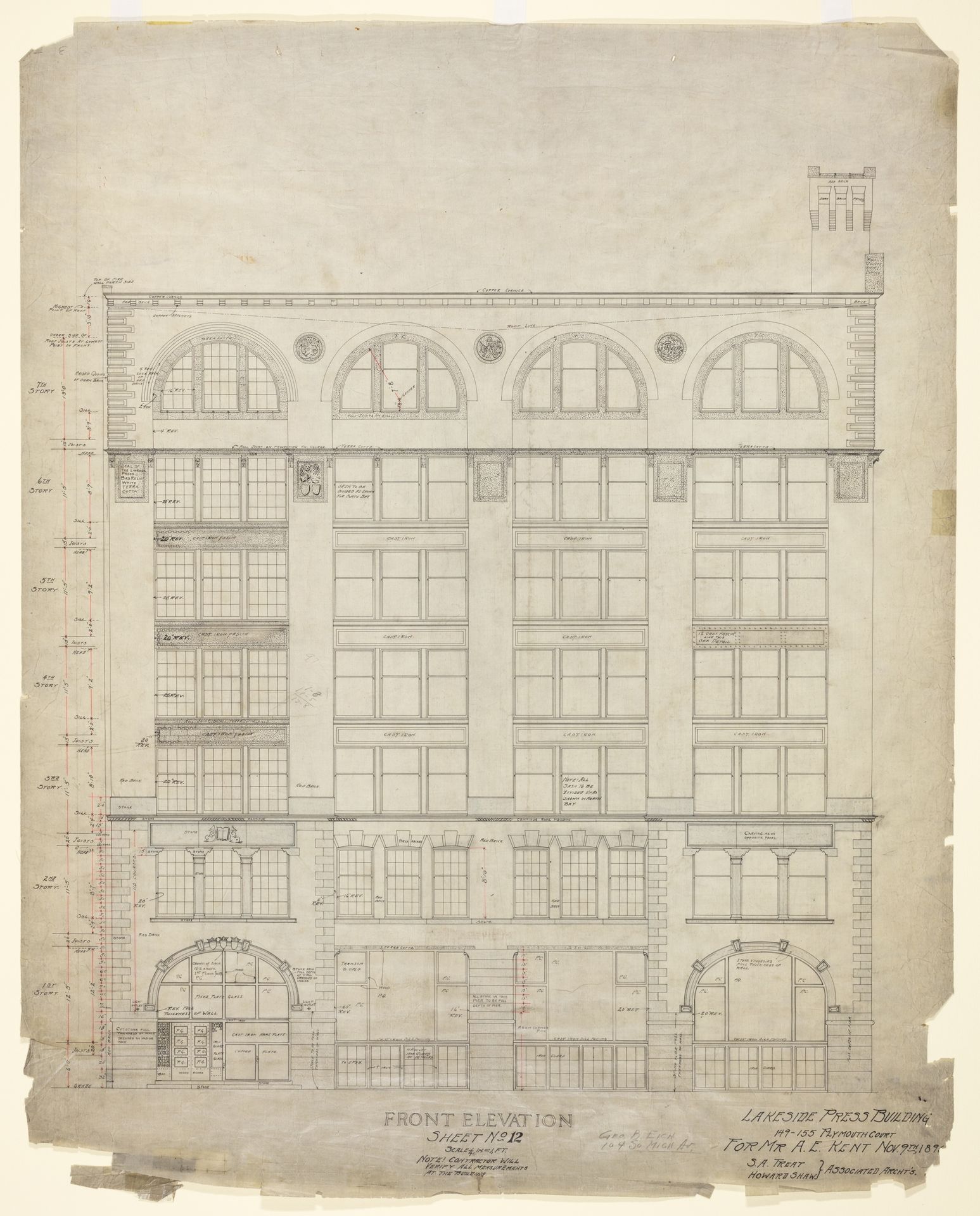 Lakeside Press Building, Chicago, Illinois, Front Elevation by Treat and Shaw, Associated Architects
