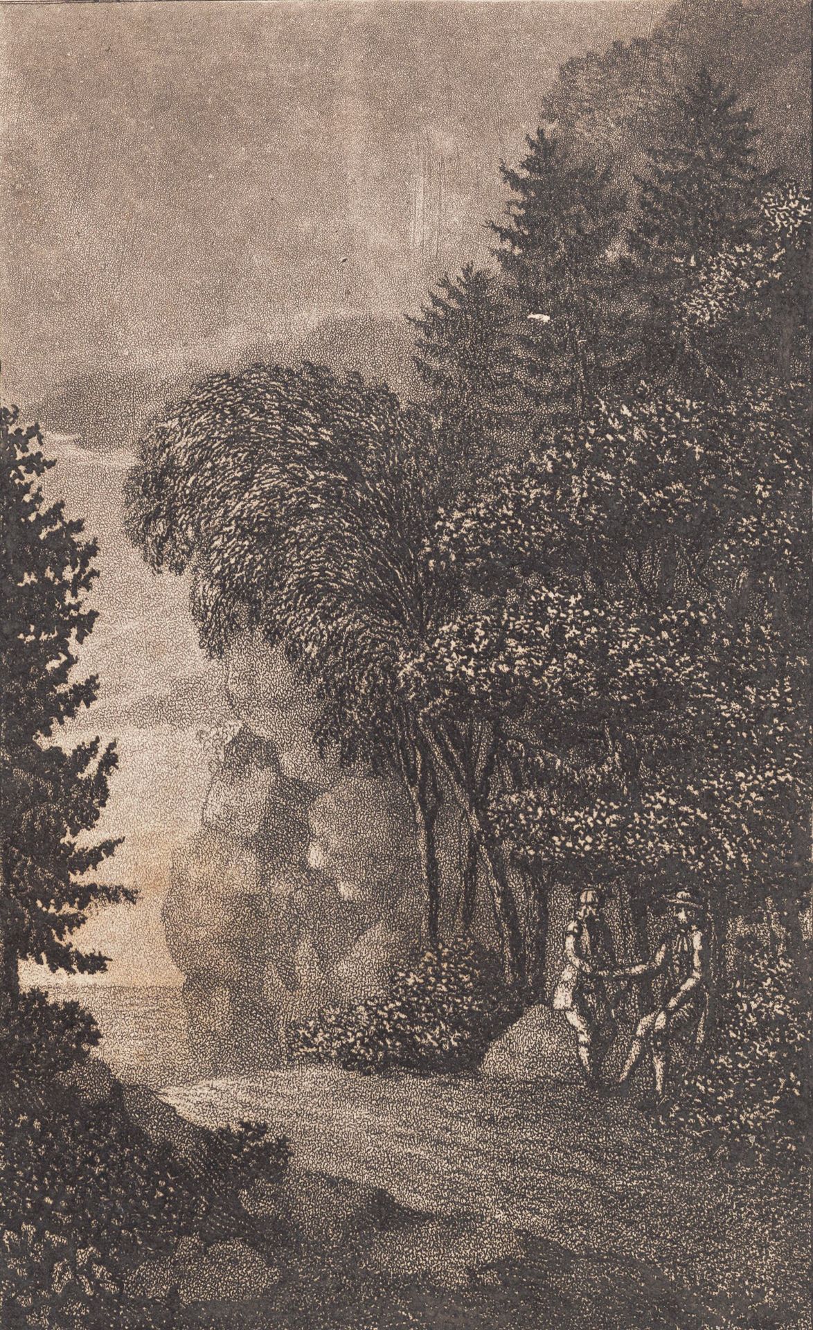 Landskab med klipper og store træer, t.h. to mænd by Heinrich Grosch