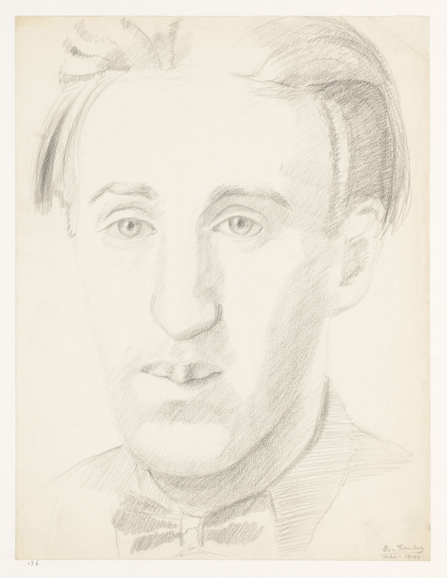 Zelfportret en face met strik, mei 1942 by Cor van Teeseling