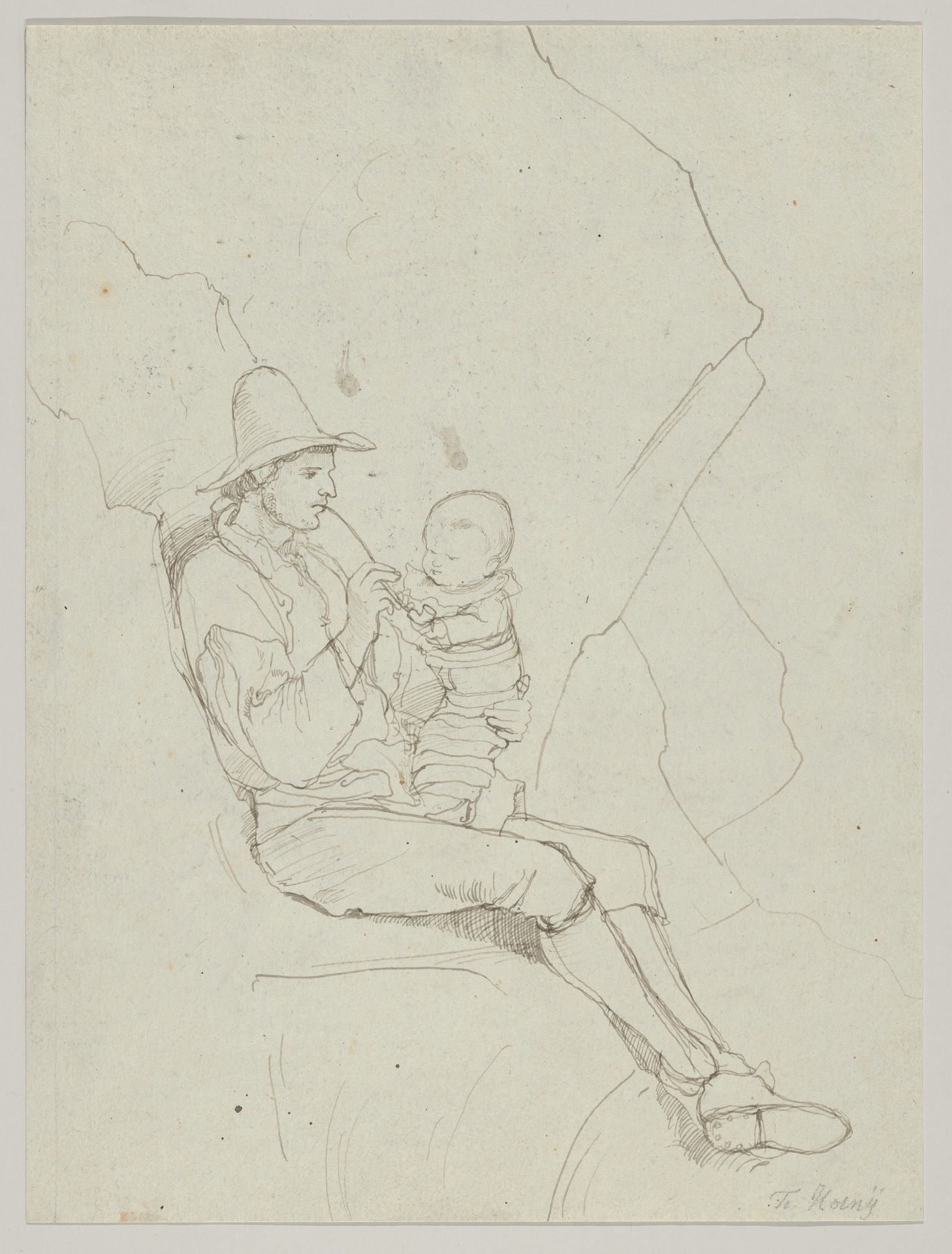 A Seated Italian Shepherd with a Small Child on his lap; verso: A Southern Landscape with a Woman Carrying a Jar on her Head by Franz Theobald Horny