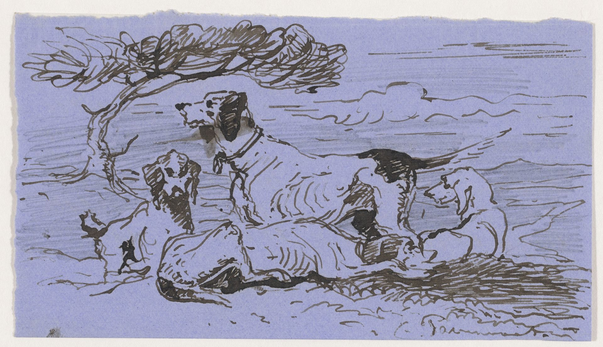 Groep jachthonden rustend bij een boom by Johannes Tavenraat