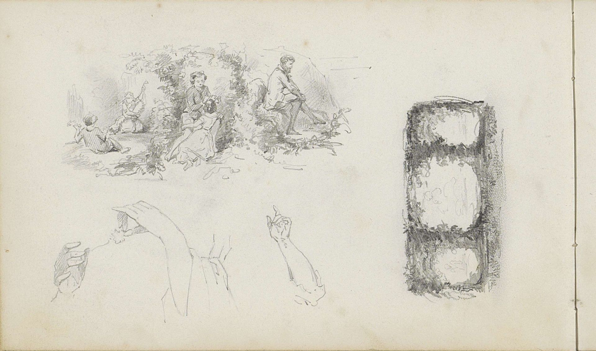 Studieblad met figuren, armen, handen en bomen by Charles Rochussen