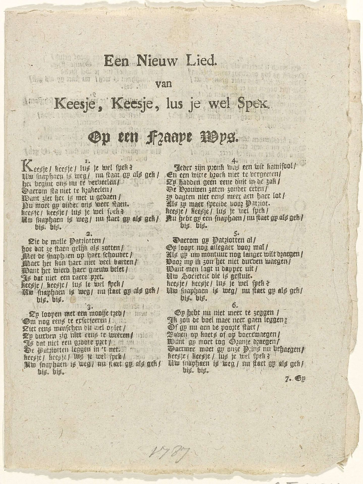 Blad met vier prinsgezinde liedjes, 1787 by Anonymous