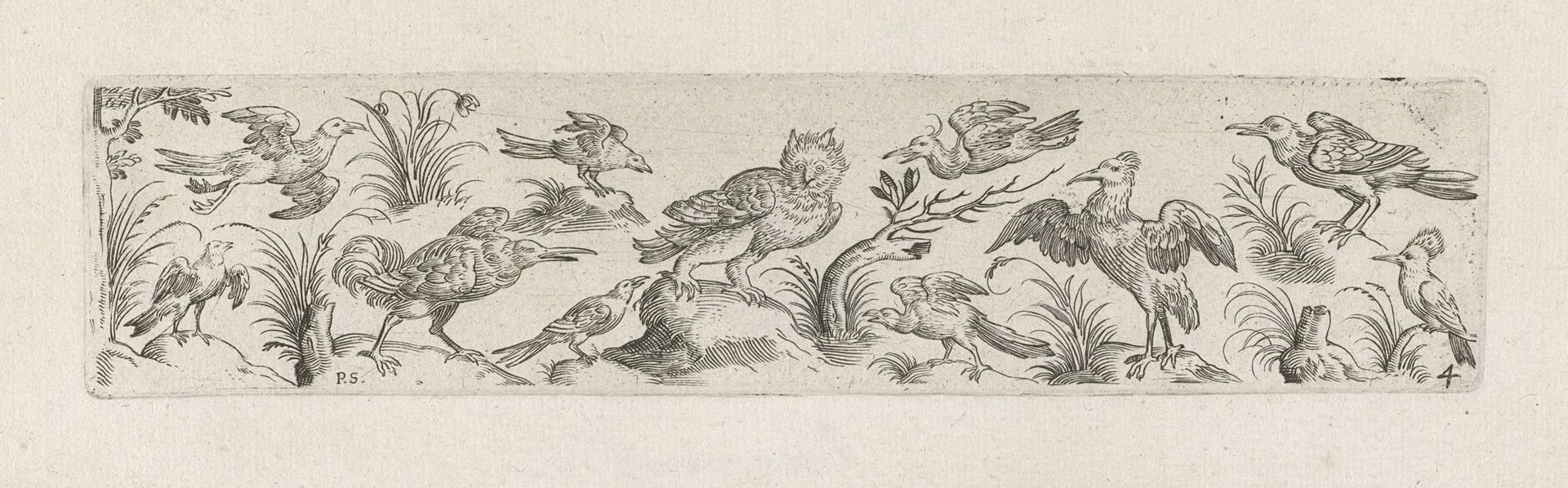 Fries met elf vogels, aan het linker uiteinde van het fries staat een boom by Pieter Serwouters