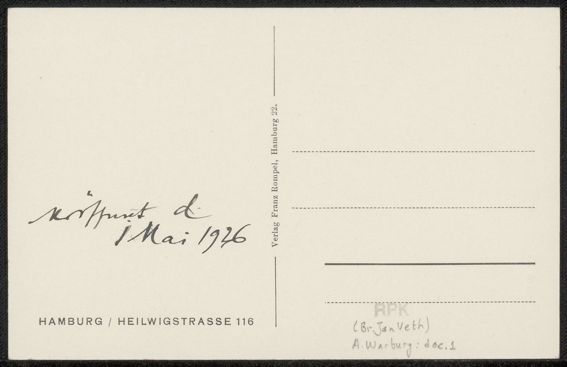 Prentbriefkaart uit archief Jan Veth by Aby Warburg