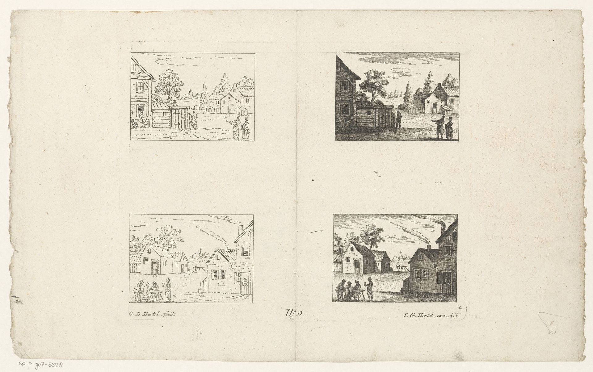 Etsproces verduidelijkt in vier landschappen by Georg Leopold Hertel