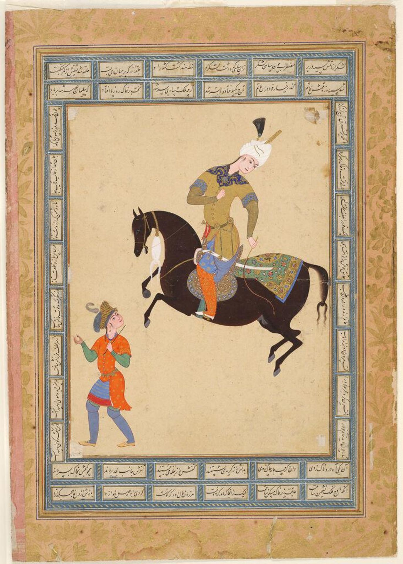 Horseman and Running Page (painting, verso; calligraphy, recto), folio from an album by Attributed to Qadimi