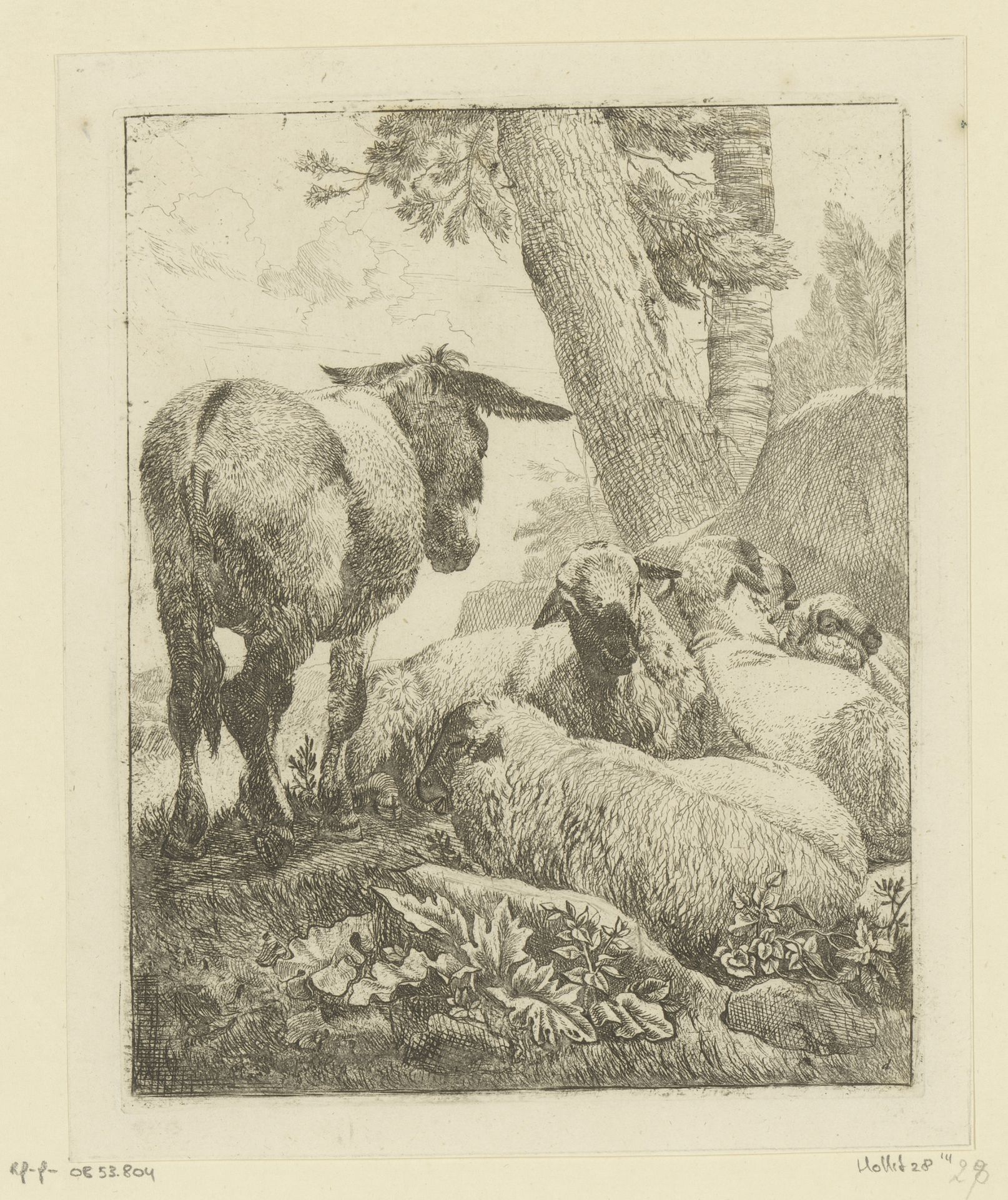 Staande ezel en vier liggende schapen by Johann Heinrich Roos